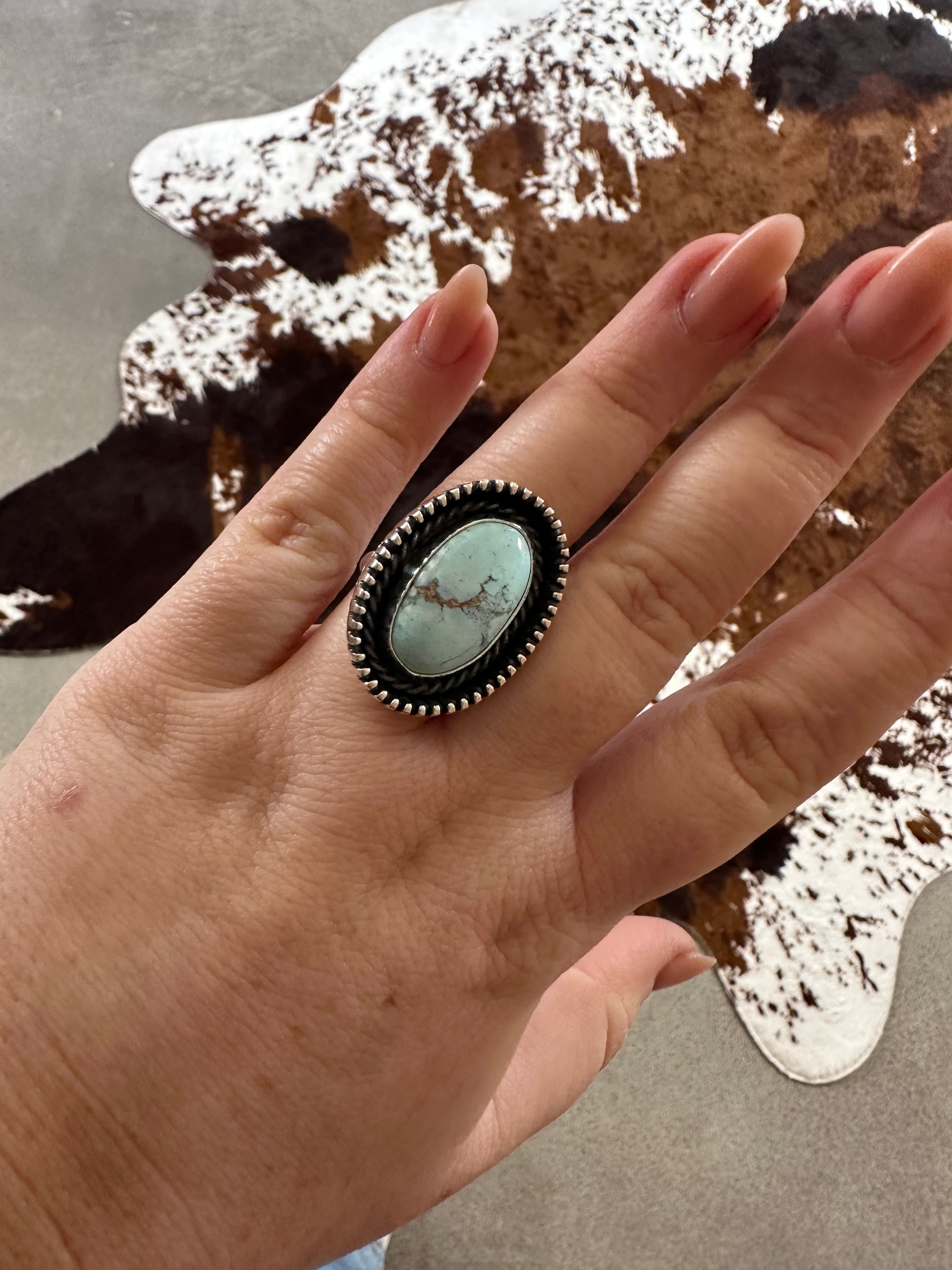 Beautiful Navajo Sterling Silver & Single Stone Golden Hills Turquoise Adjustable Ring Signed