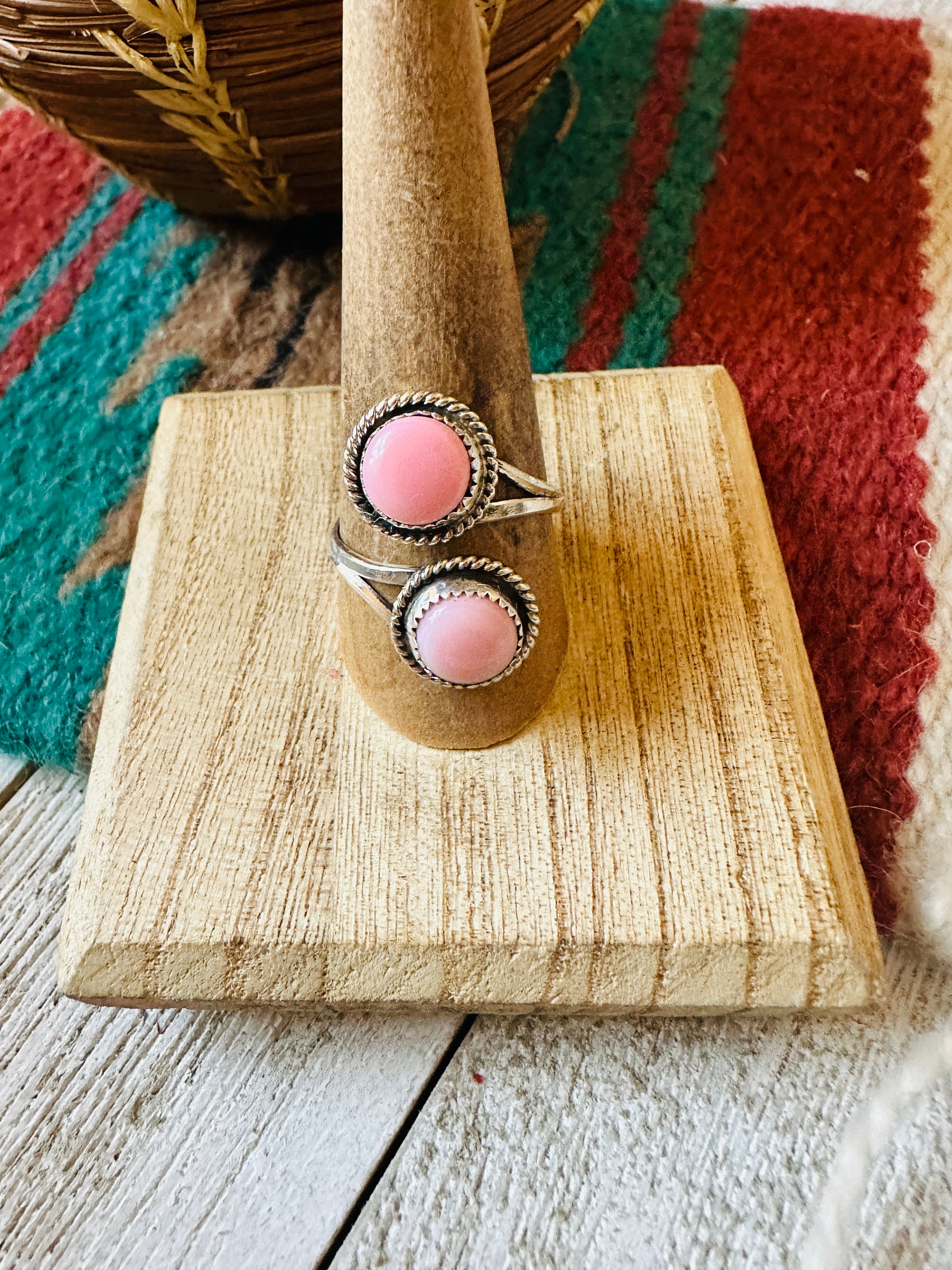 Navajo Sterling Silver & Queen Pink Conch 2 Stone Adjustable Ring