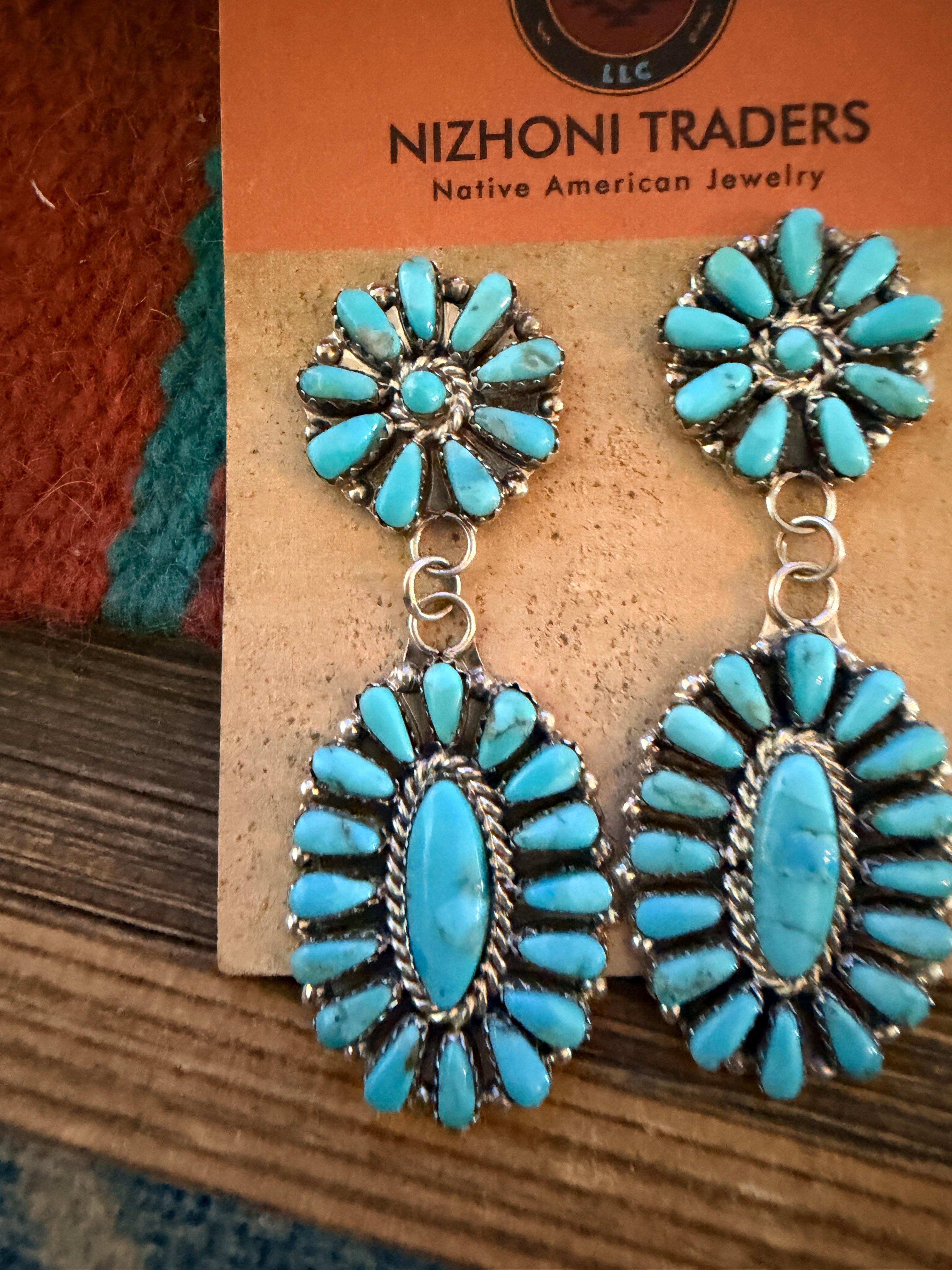 Handcrafted Turquoise & Sterling Silver Cluster Dangle Earrings by Pamela Benally