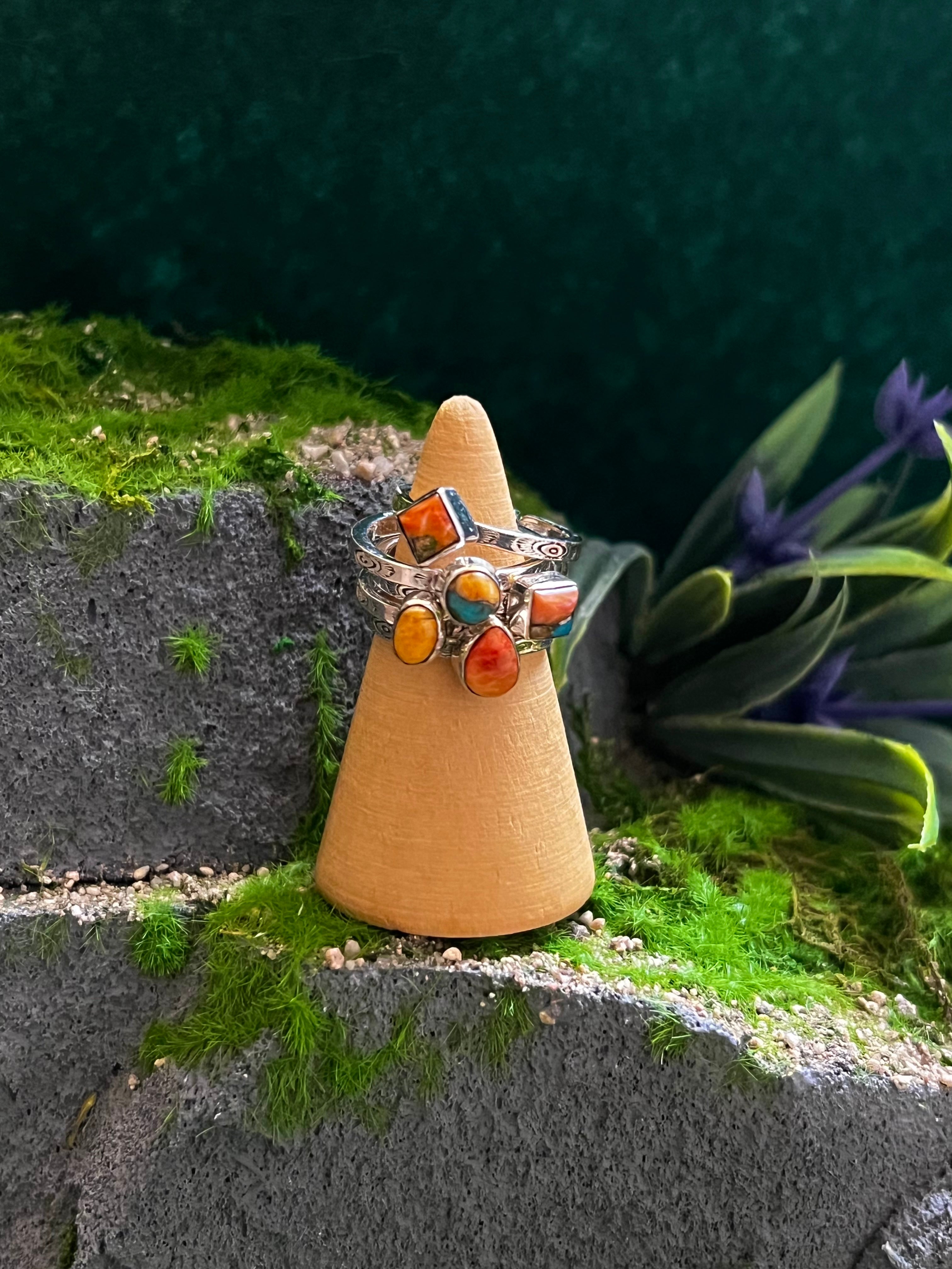 Handmade Orange Mojave TearDrop, Circle, Oval, Square, & Diamond Shape Sterling Silver Adjustable Stacker Ring