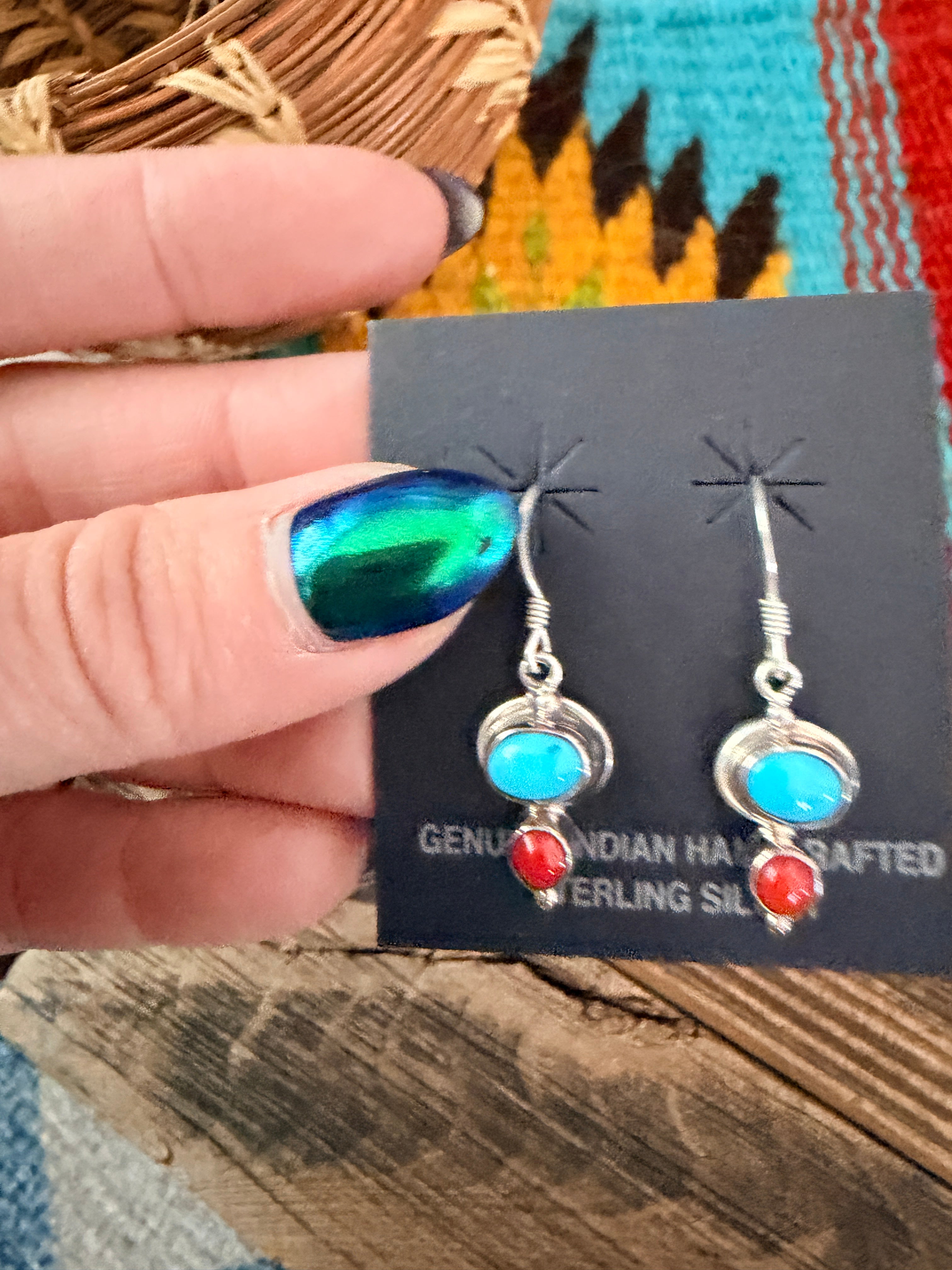 Handcrafted Turquoise, Coral & Sterling Silver Dangle Earrings