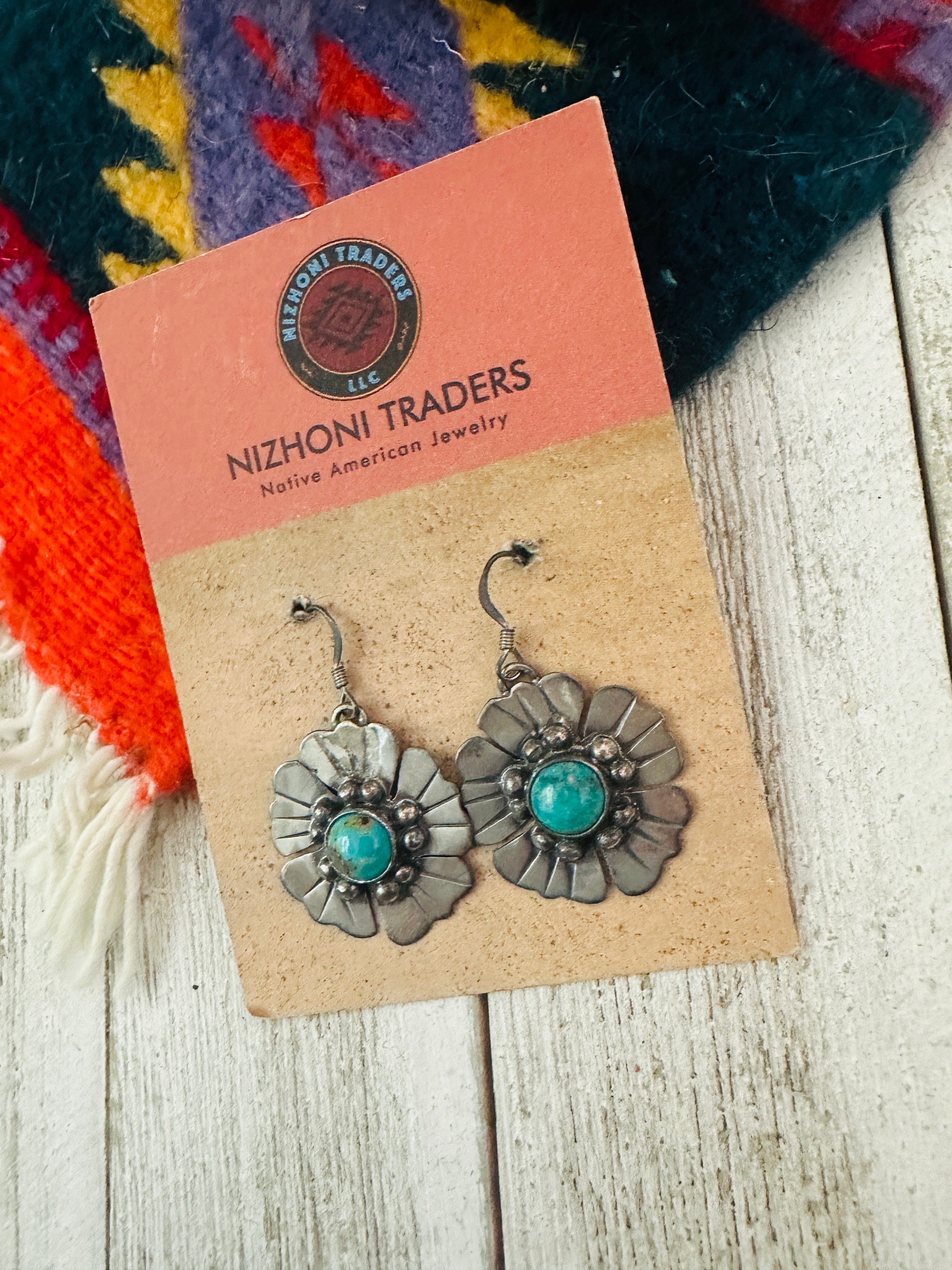 Navajo Turquoise and Sterling Silver Flower Dangle Earrings