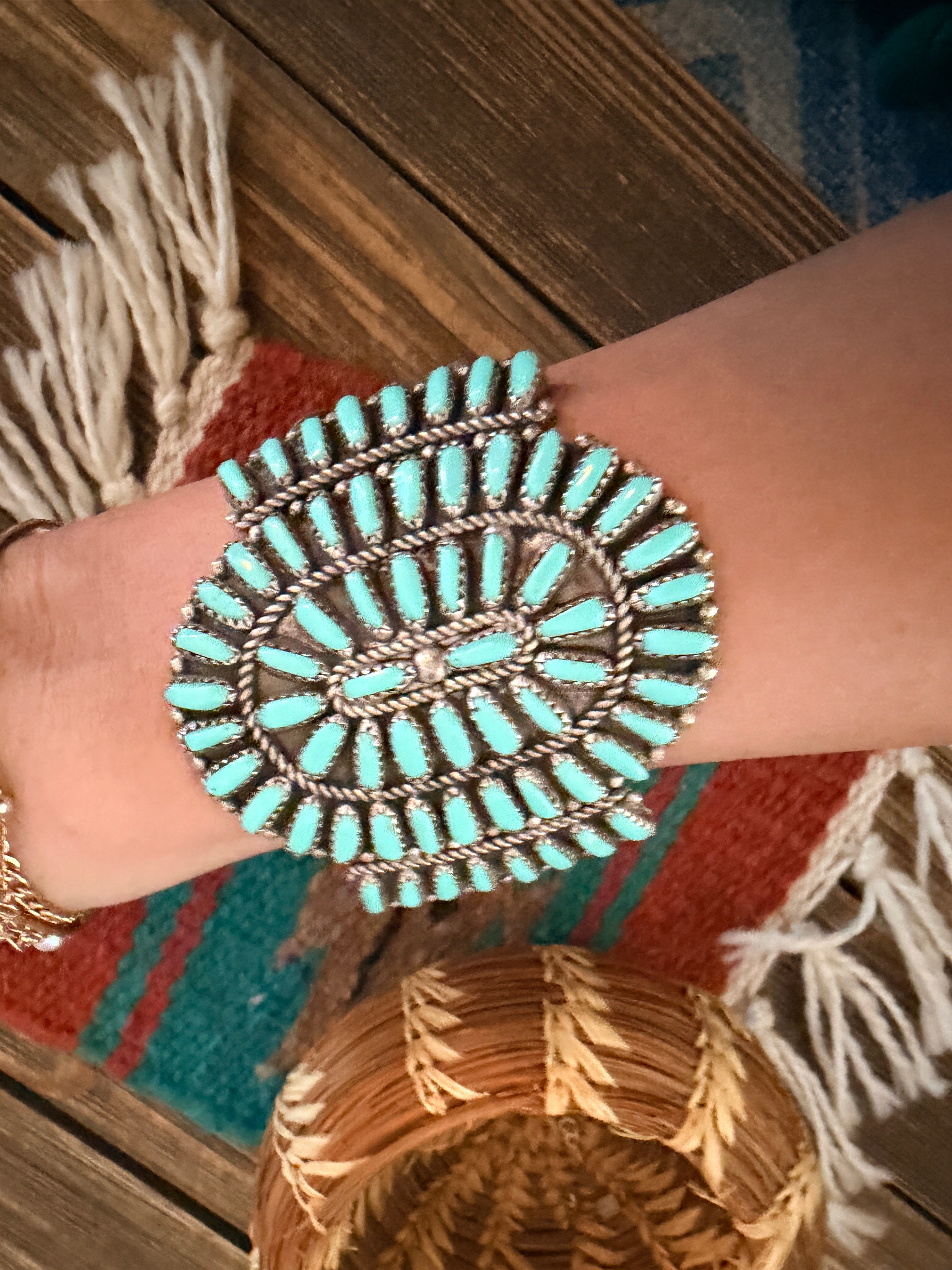 Handcrafted Old Pawn Sterling Silver & Turquoise Cluster Cuff Bracelet