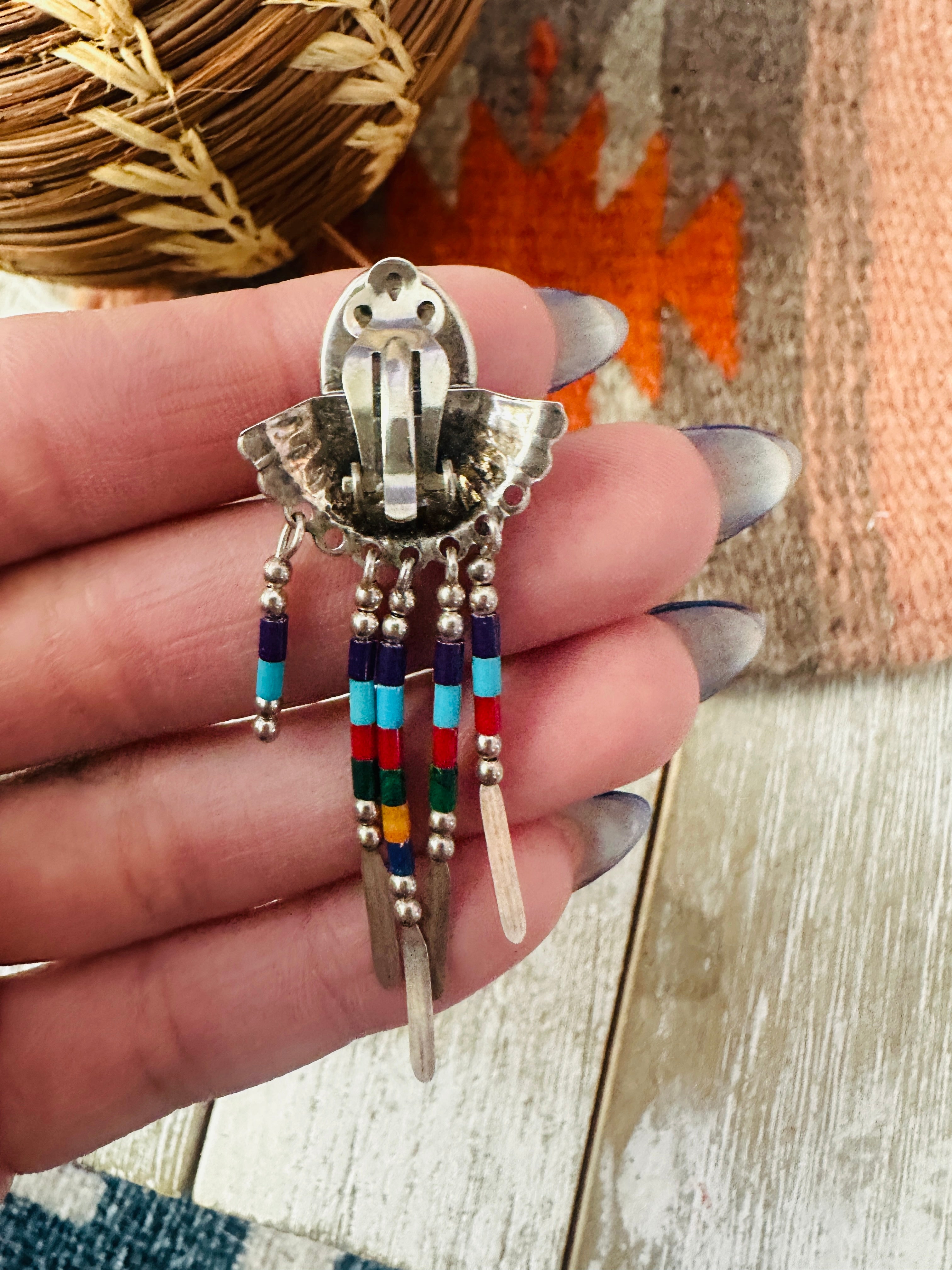 Handcrafted Sterling Silver & Multi Stone Inlay Dream Catcher Clip On Dangle Earrings