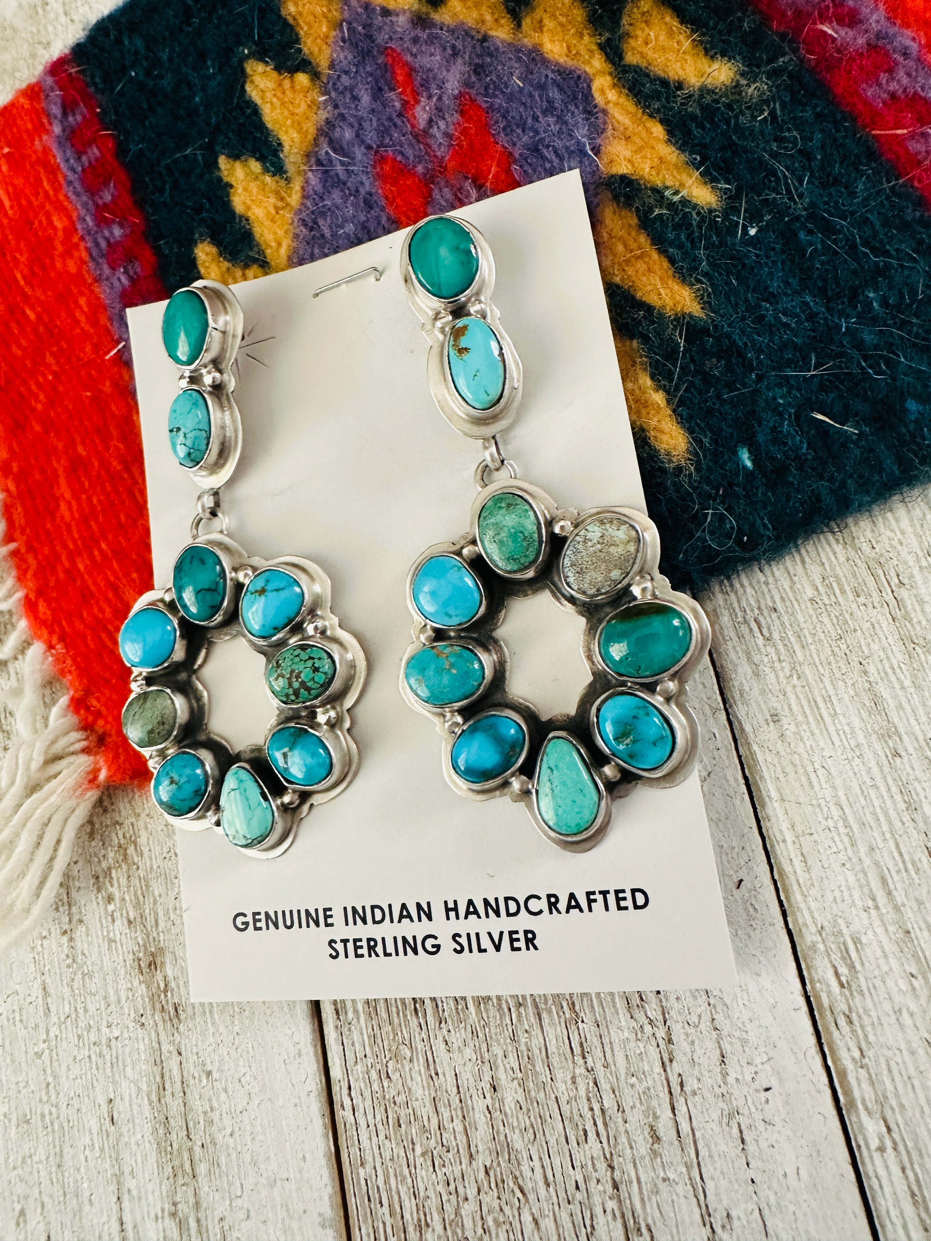 Navajo Multi Turquoise & Sterling Silver Cluster Dangle Earrings