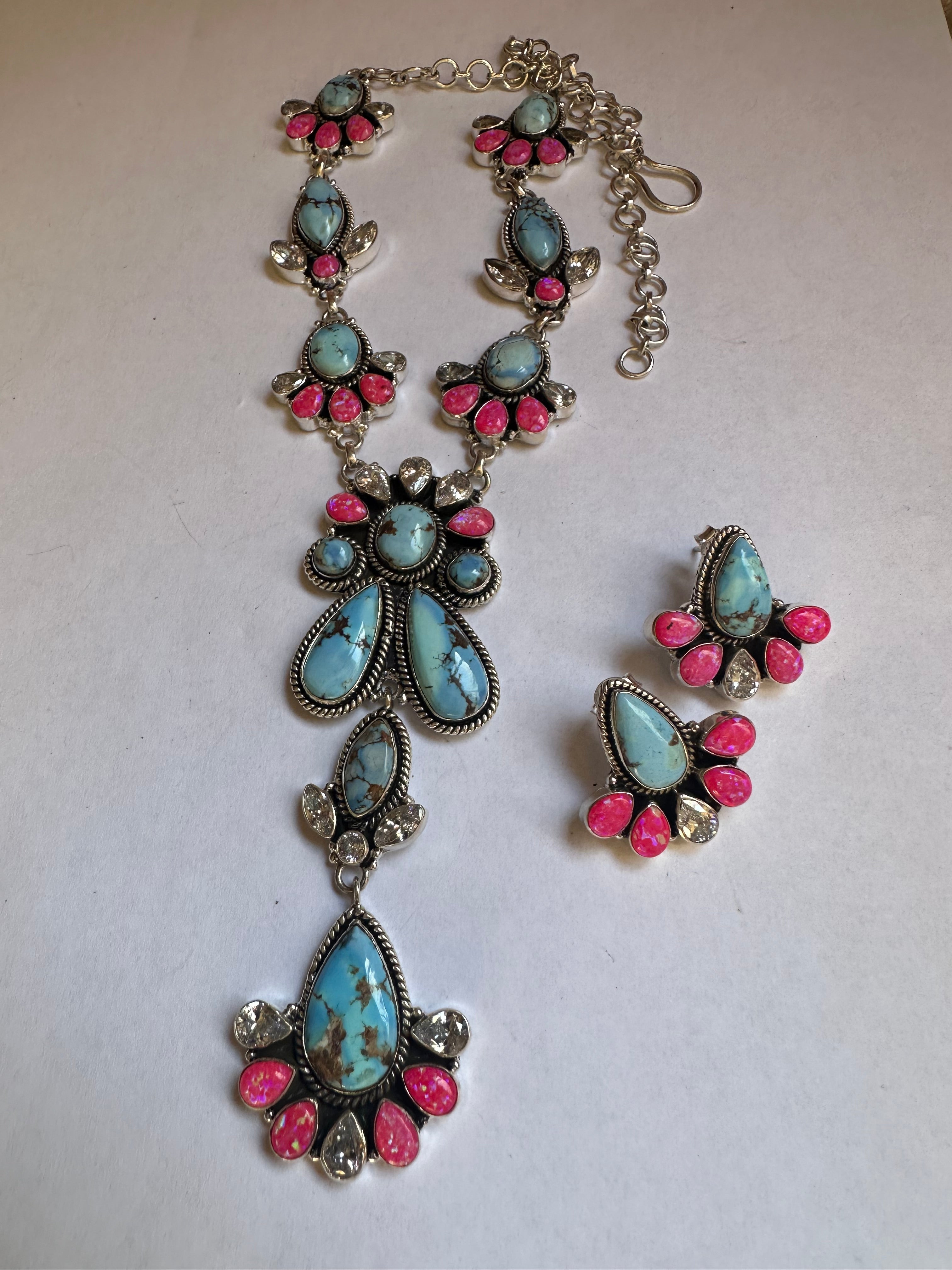 Handmade Sterling Silver, Hot Pink Fire Opal, CZ & Golden Hills Turquoise Set Necklace Signed Nizhoni