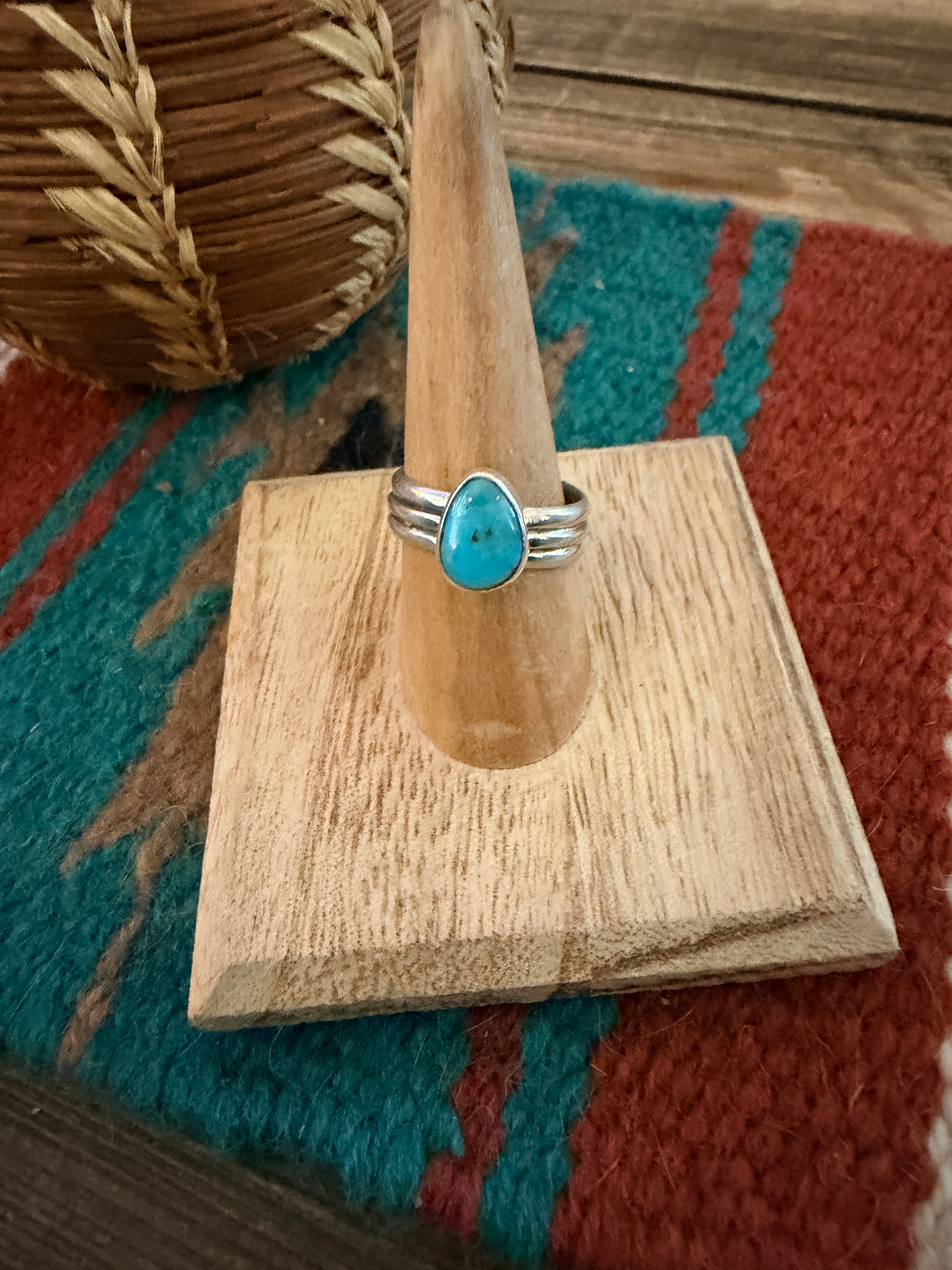 Handcrafted Turquoise & Sterling Silver Band Ring Size 7.5