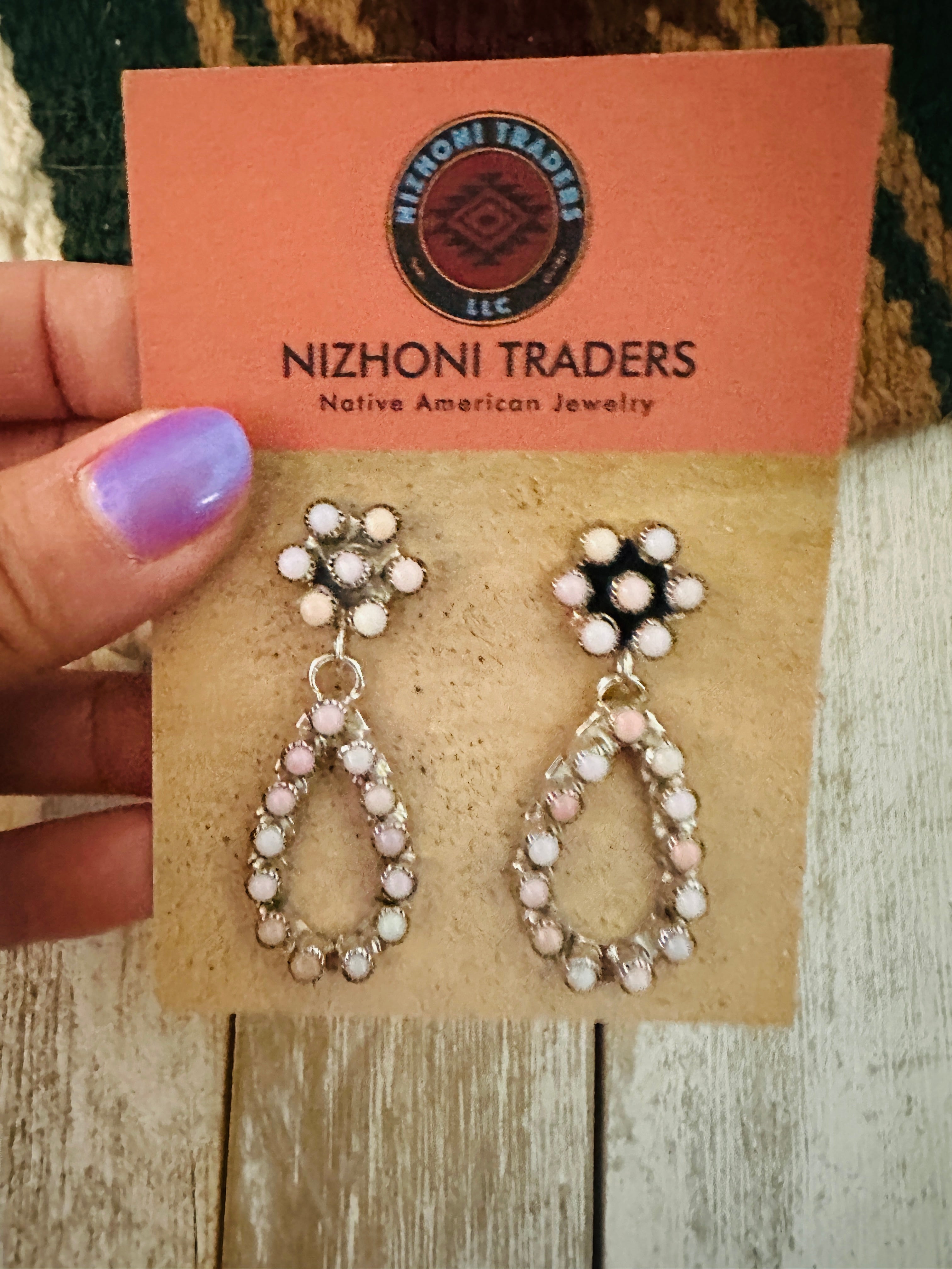 Navajo Queen Pink Conch & Sterling Silver Flower Dangle Earrings