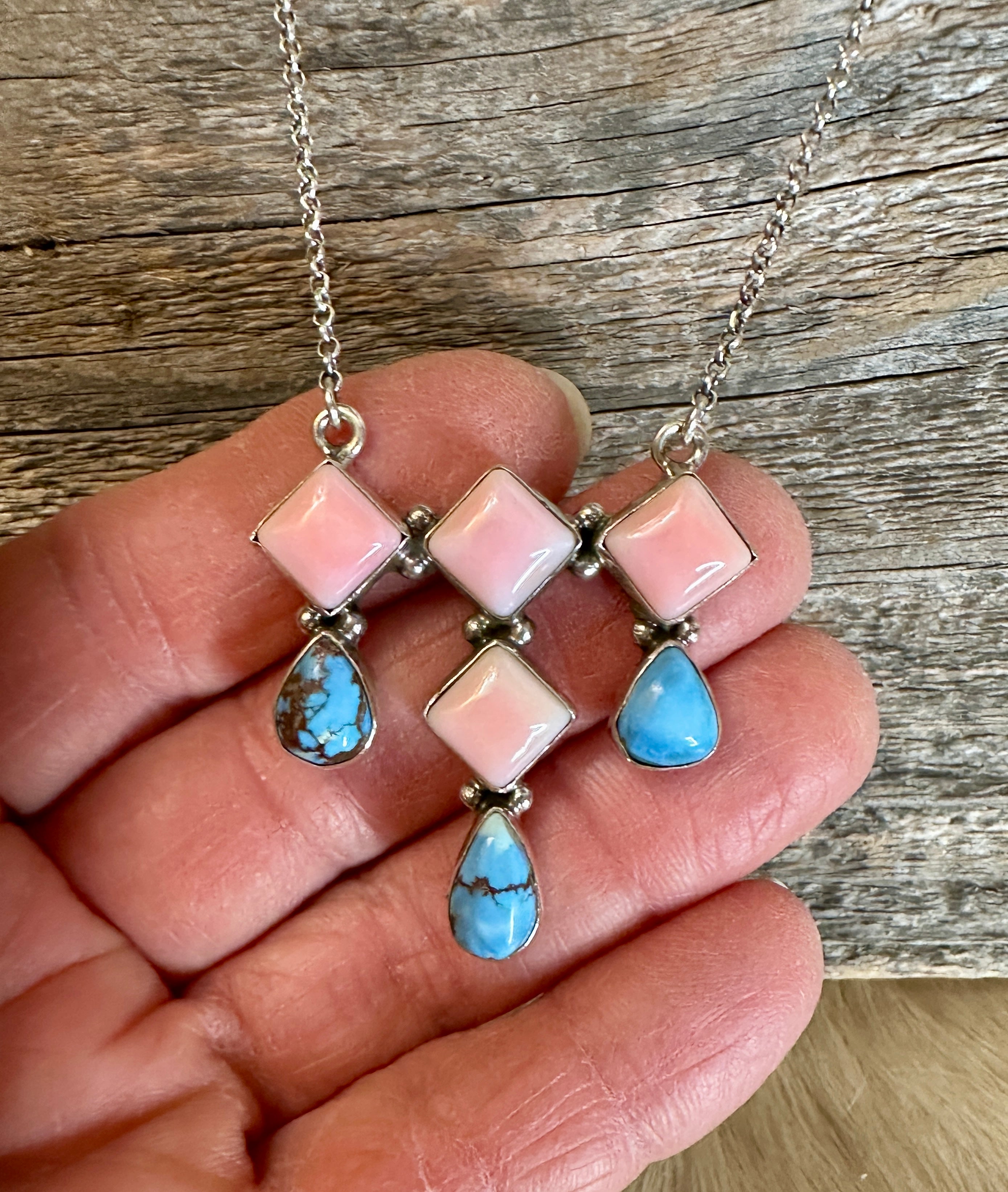 Handmade Golden Hills & Pink Conch Sterling Silver Necklace