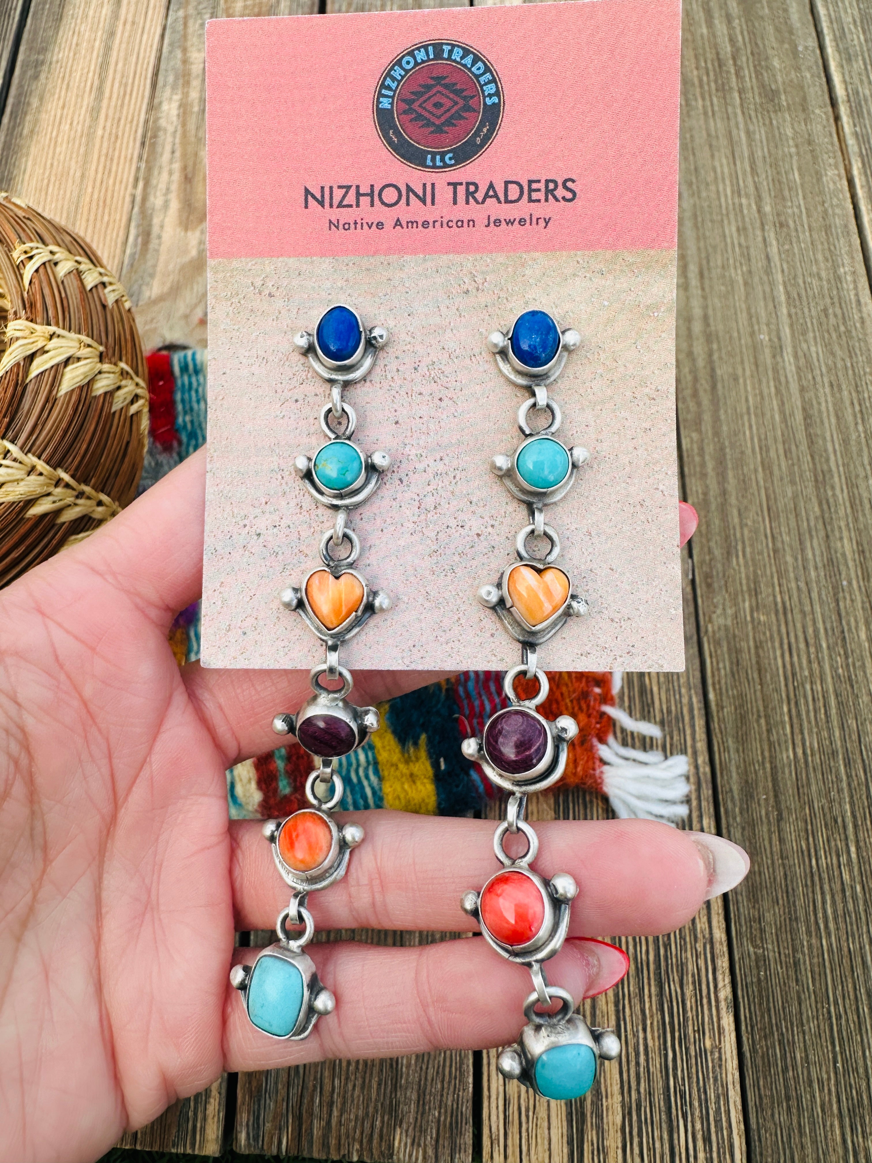 Handcrafted Multi Stone And Sterling Silver Heart Dangle Earrings by Juanita McDonald