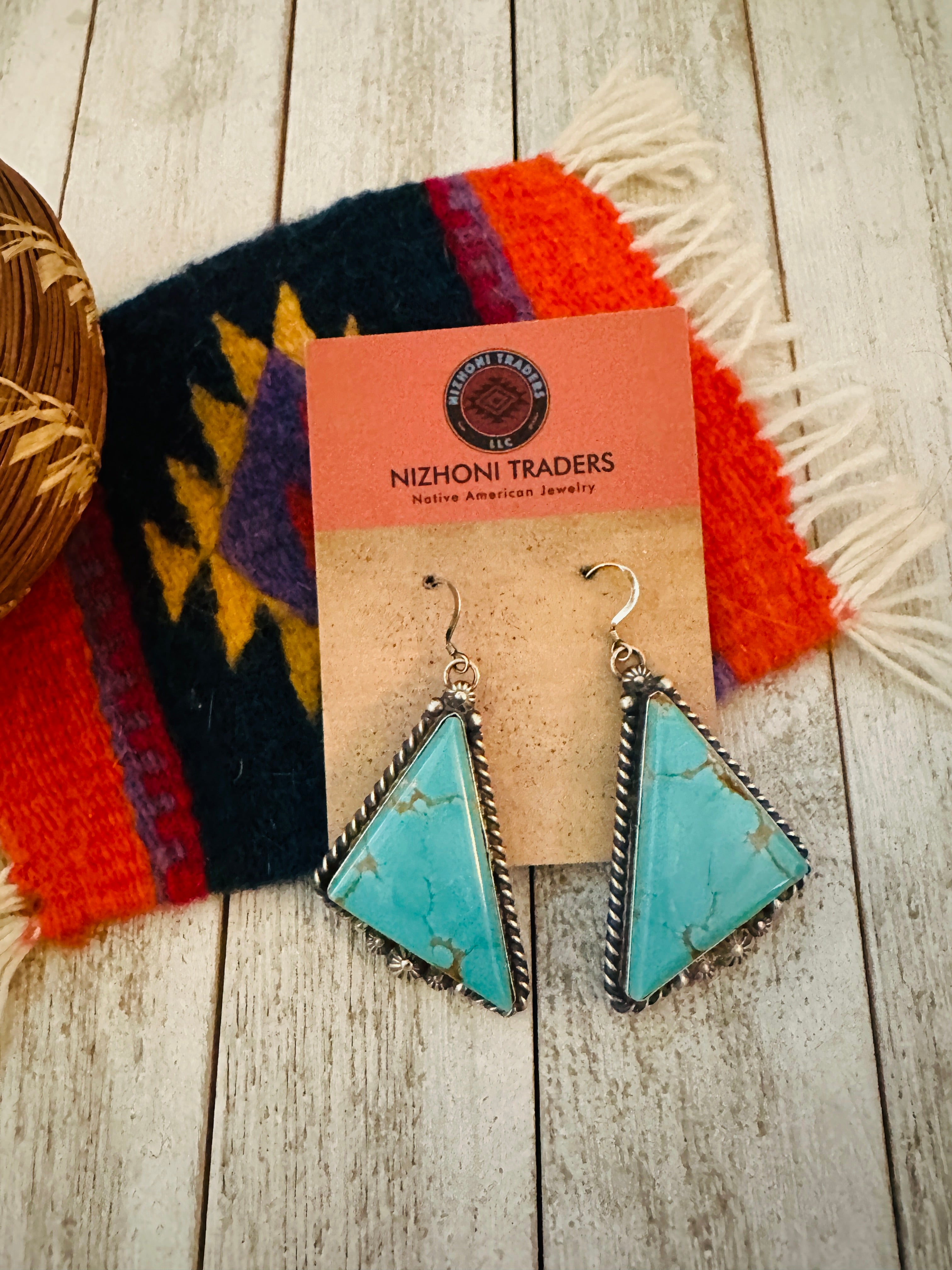 Navajo Number 8 Turquoise And Sterling Silver Dangle Earrings