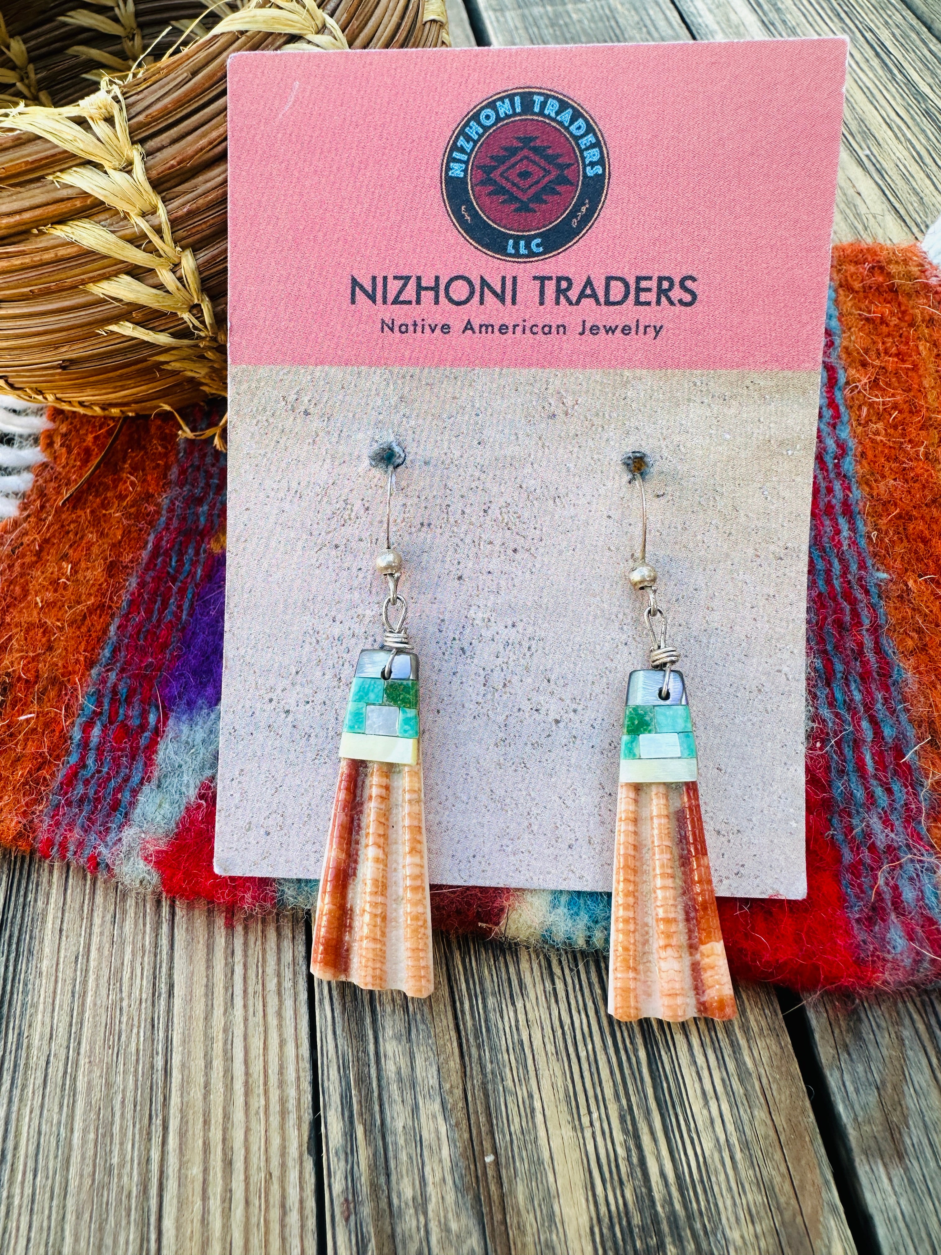 Old Pawn Handcrafted Orange Spiny & Multi Stone Inlay Dangle Earrings