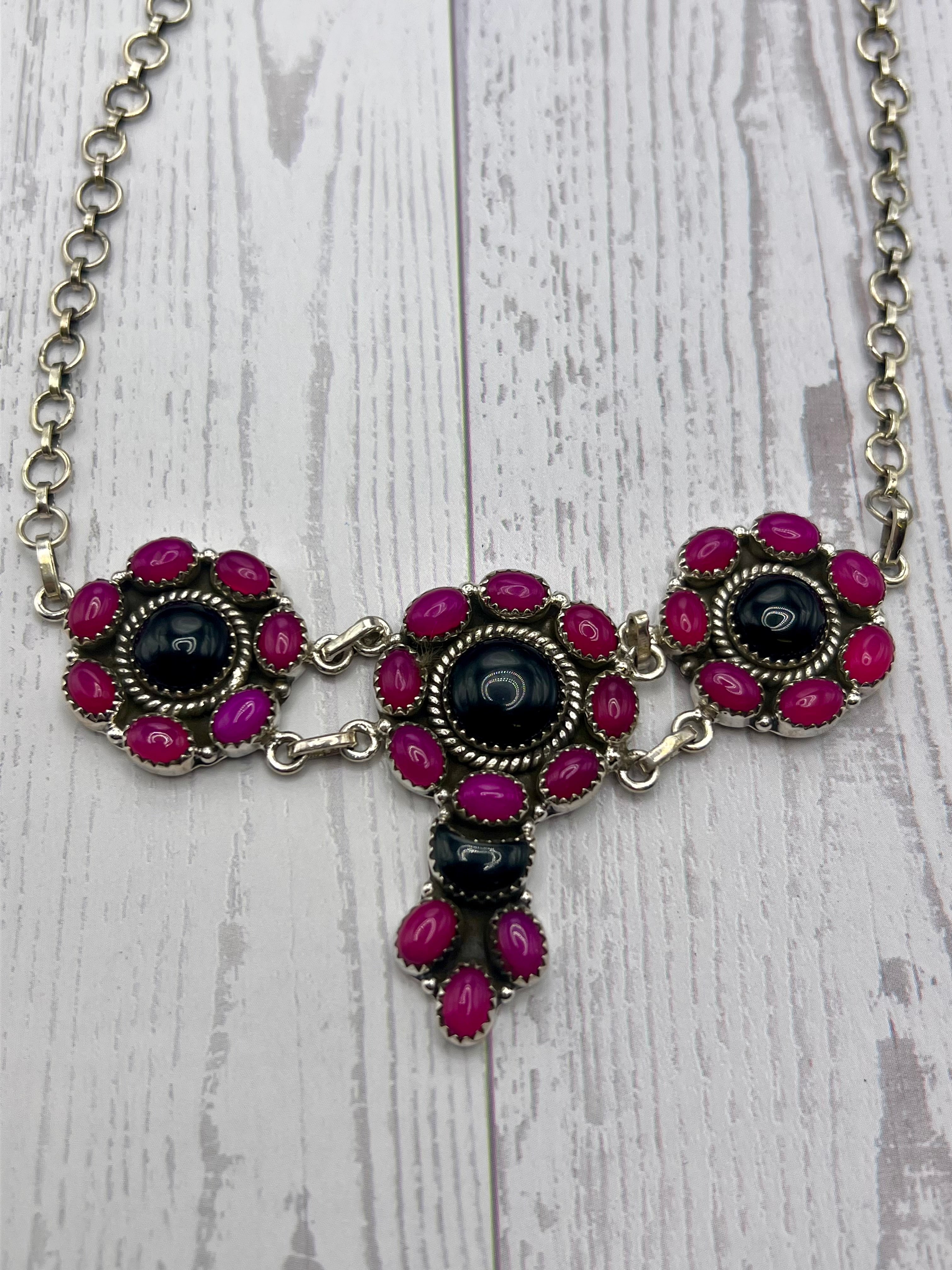 Handmade Pink & Black Onyx Sterling Silver Drop Necklace
