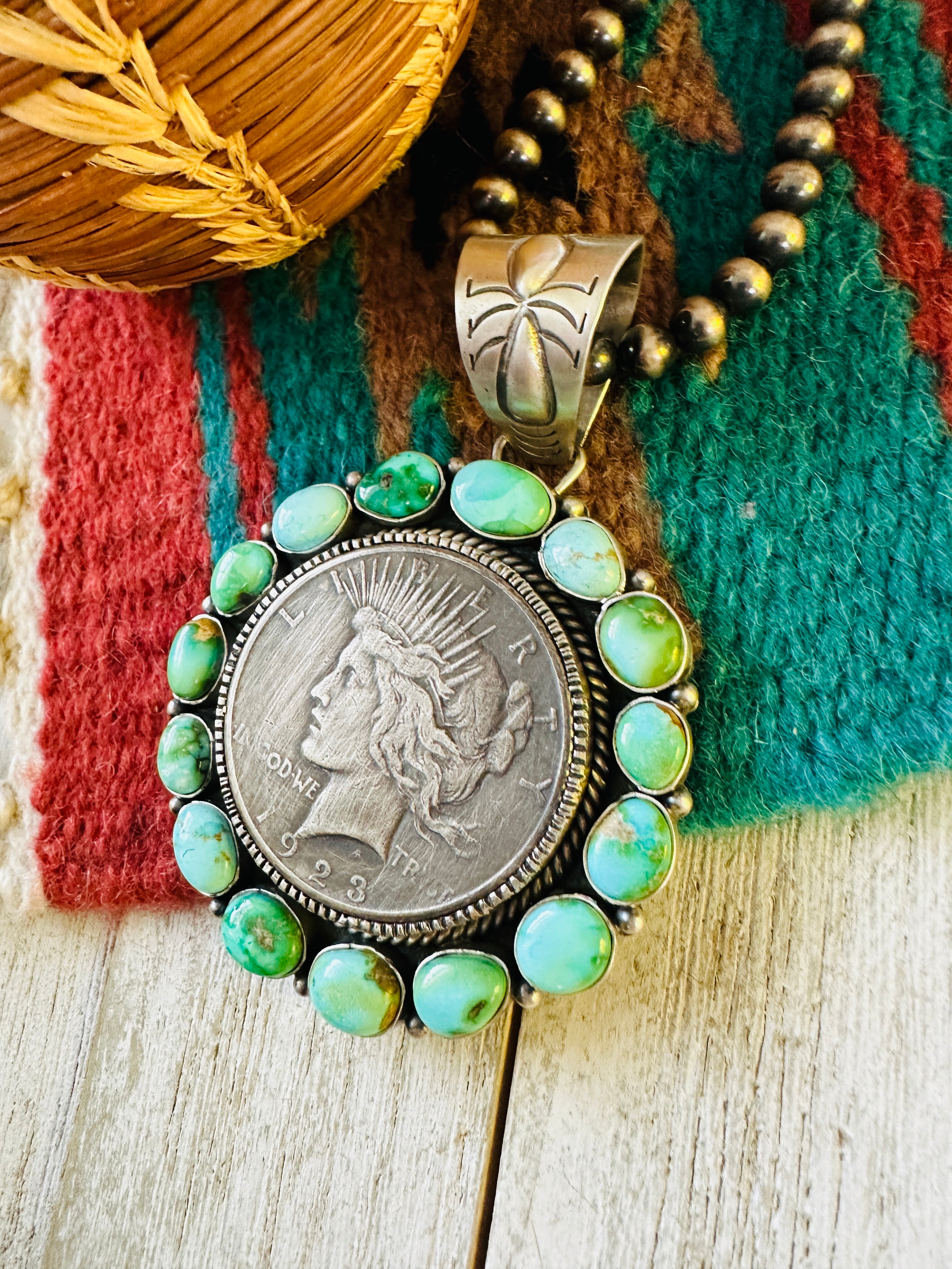 Navajo Sterling Silver & Turquoise Liberty Coin Pendant