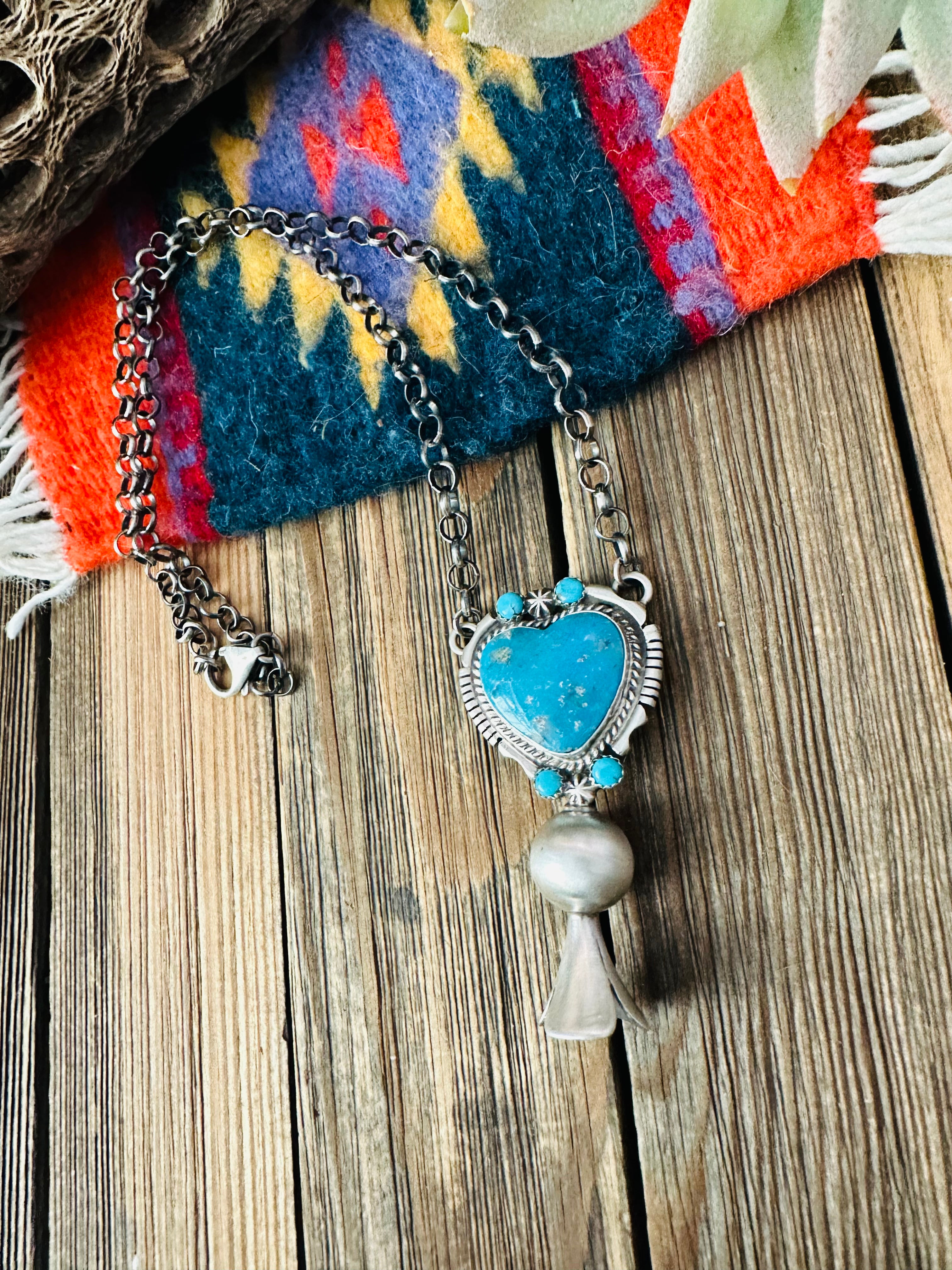 Navajo Sterling Silver & Turquoise Heart Blossom Necklace by Thomas Francisco