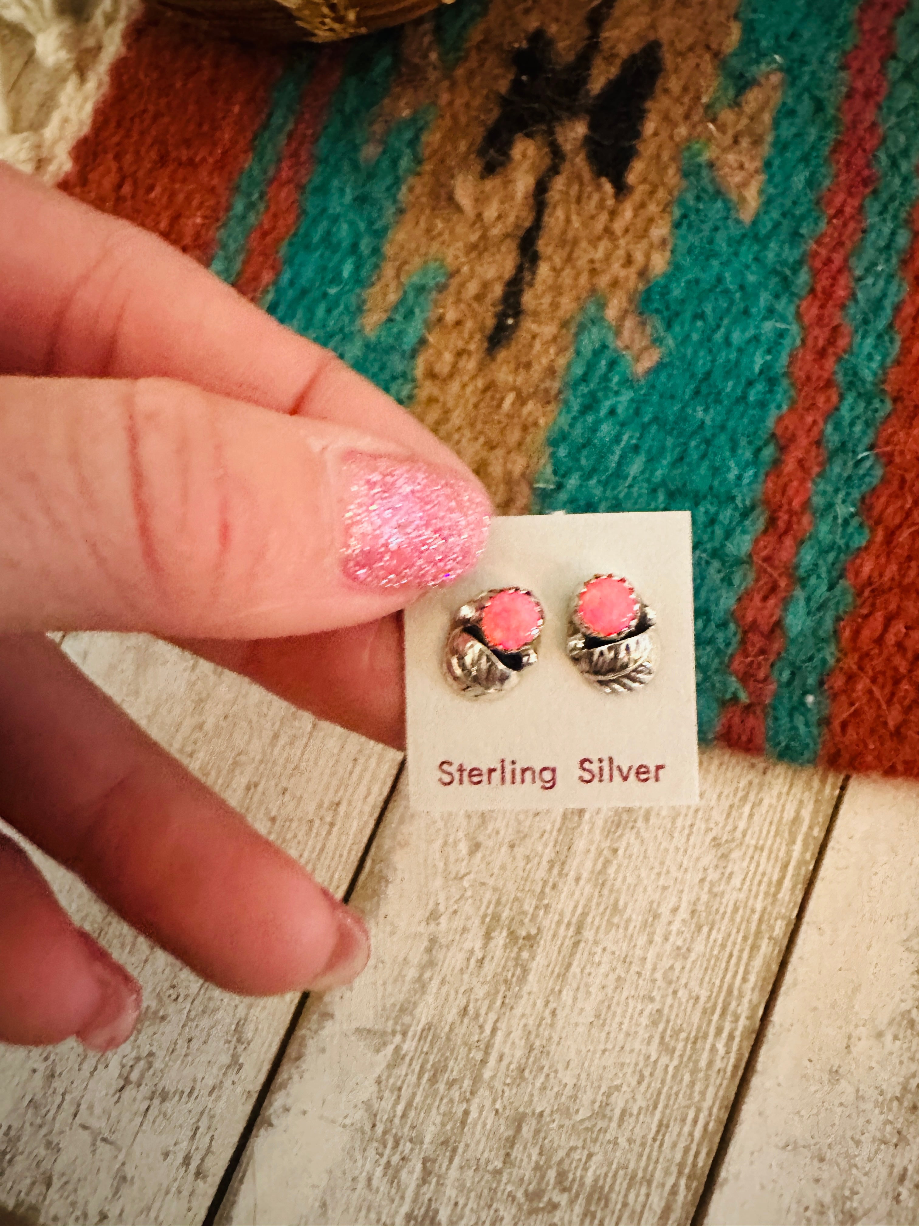 Navajo Sterling Silver & Pink Opal Stud Earrings