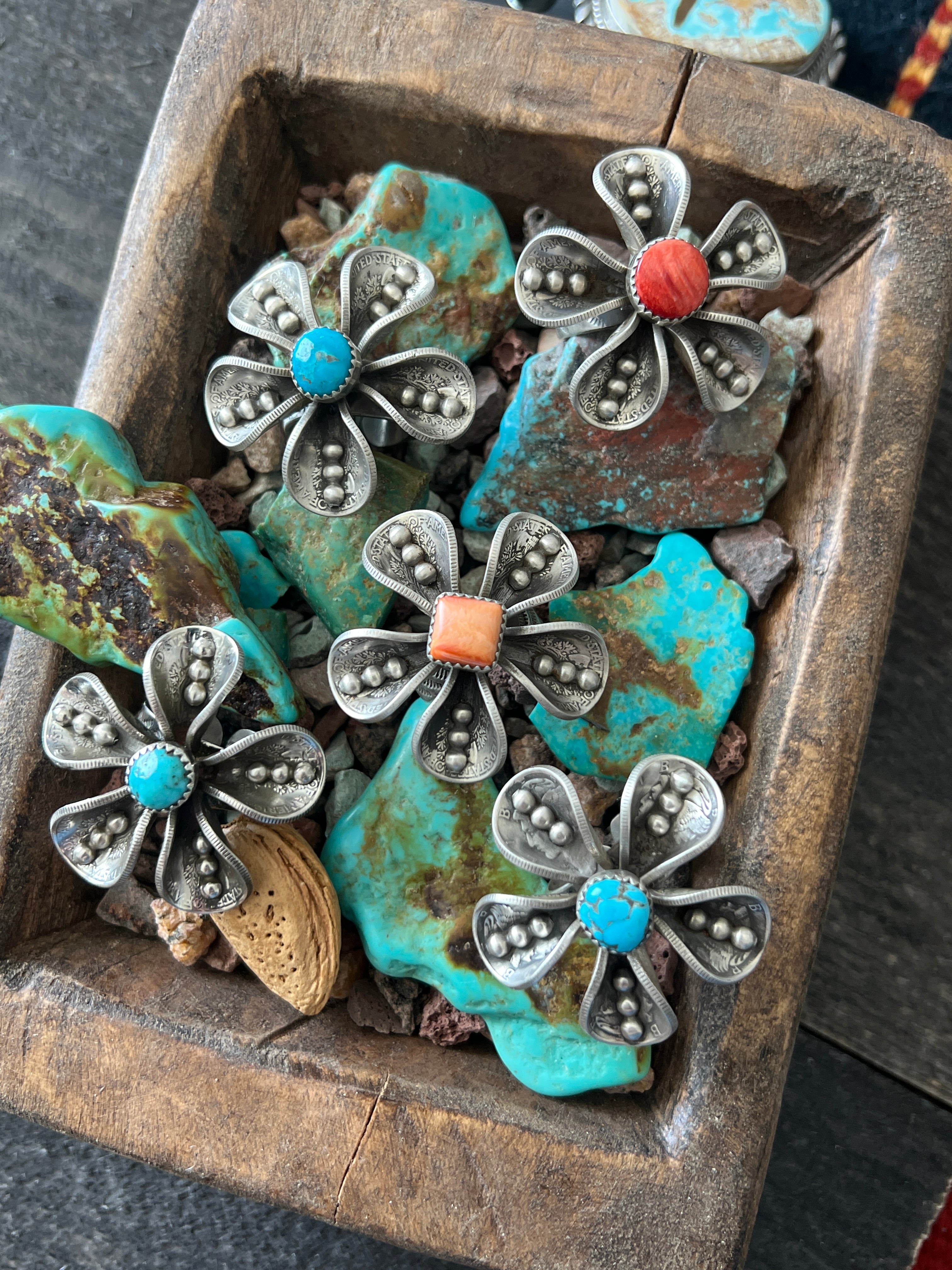 Handcrafted Sterling and Coin Silver Mercury Dime Flower Ring with Orange Spiny Oyster by James Begay, Adjustable