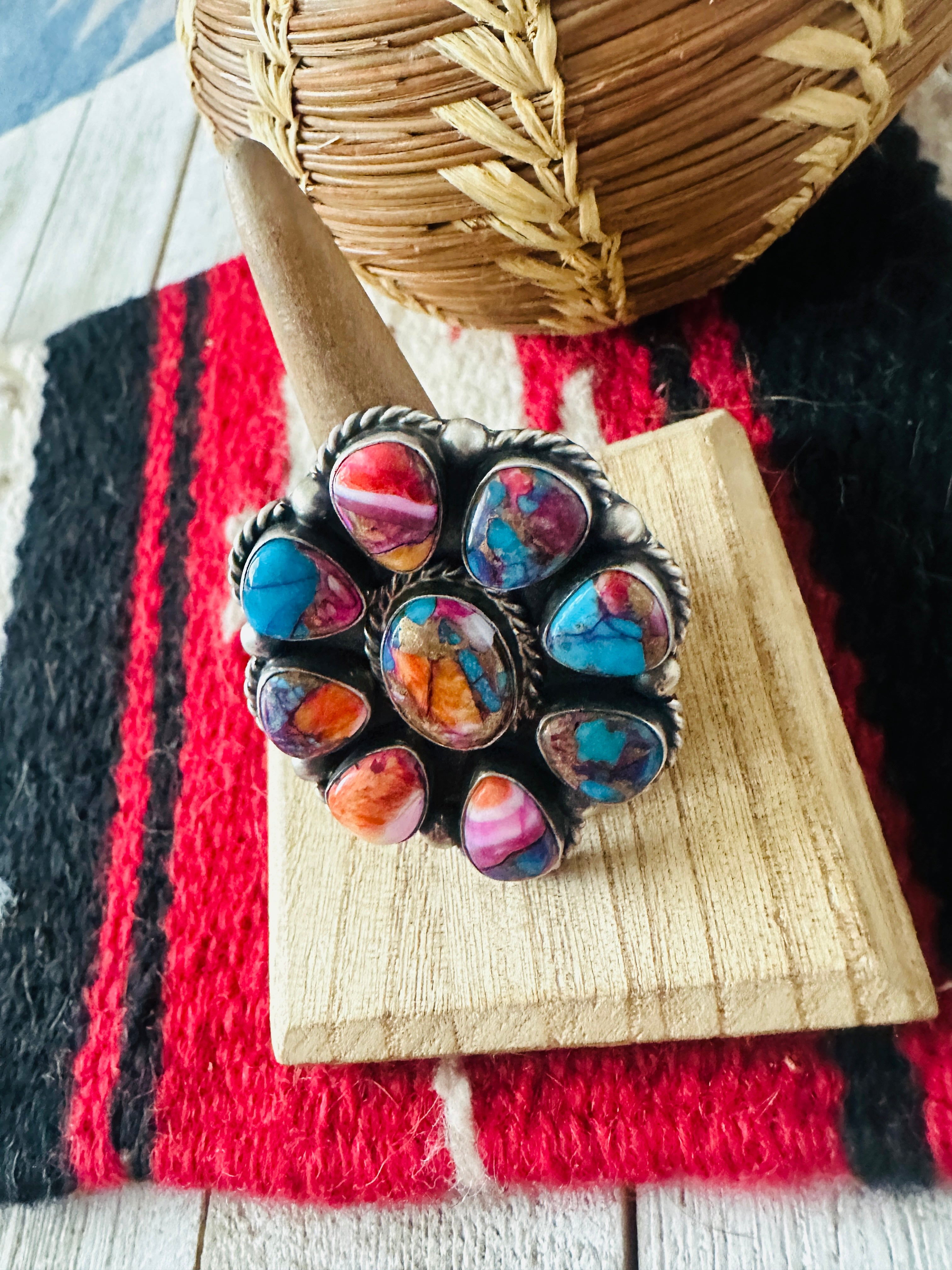 Handcrafted Sterling Silver & Pink Dream Mojave Cluster Adjustable Ring