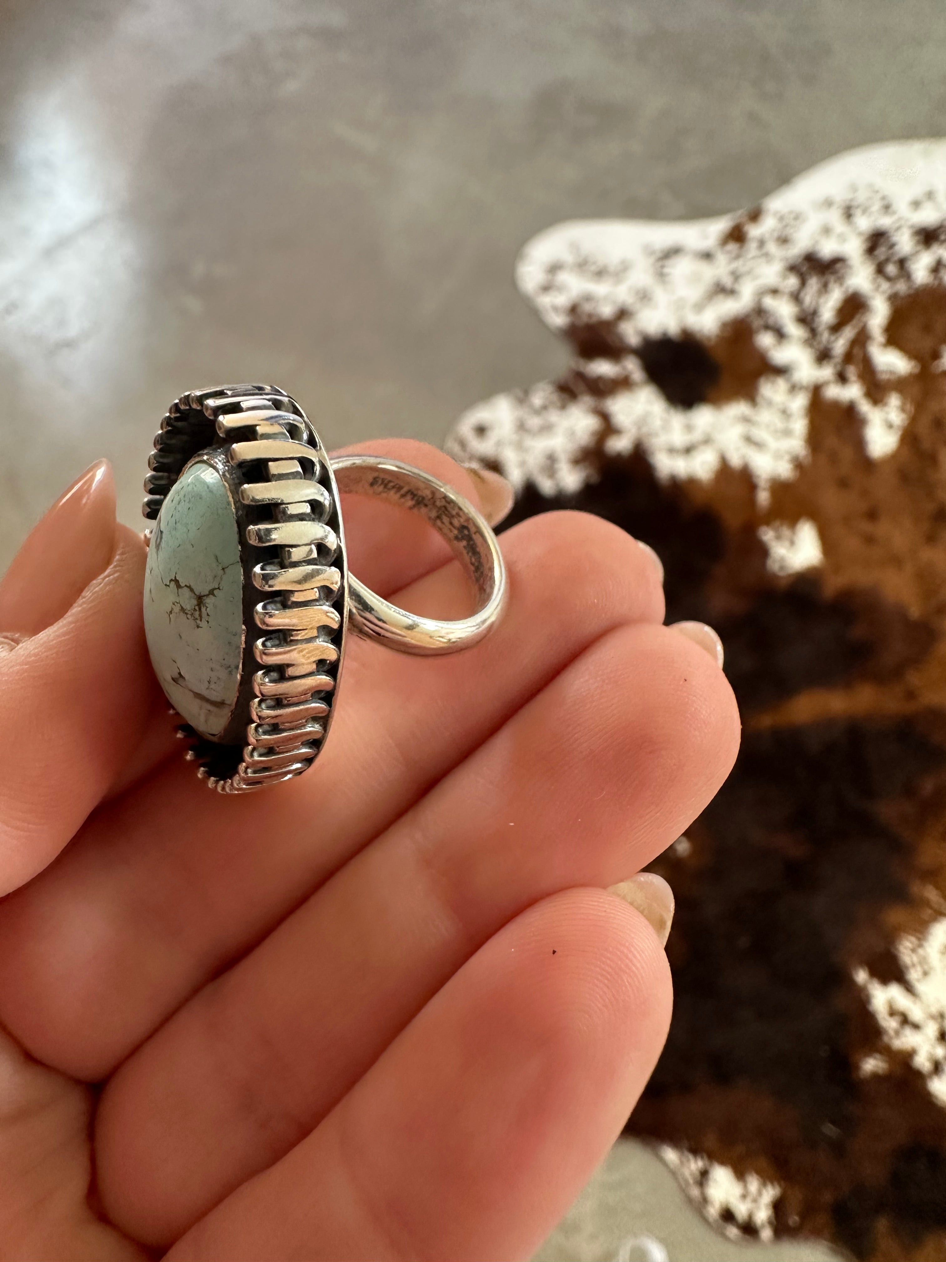 Navajo Sterling Silver & Single Stone Golden Hills Turquoise Adjustable Ring Signed