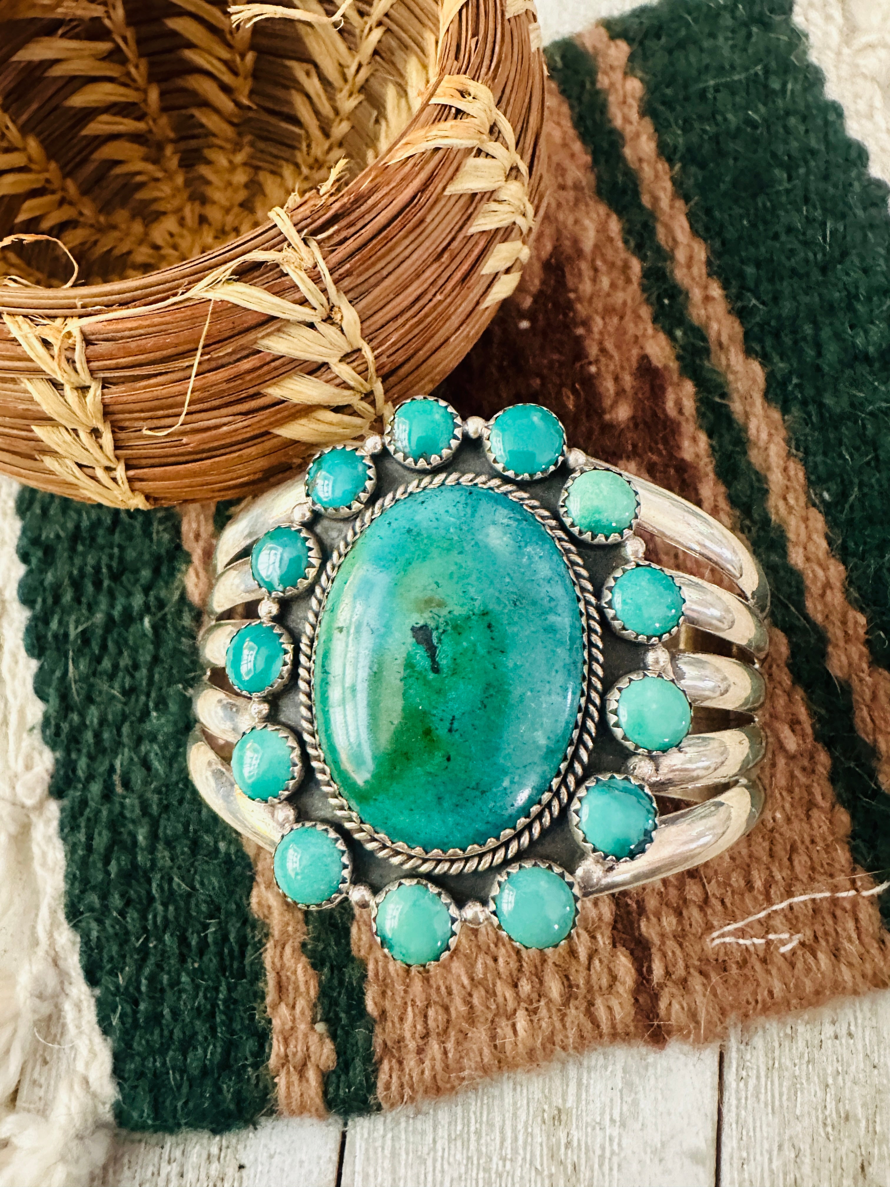 Handcrafted Old Pawn Turquoise & Sterling Silver Cluster Cuff Bracelet