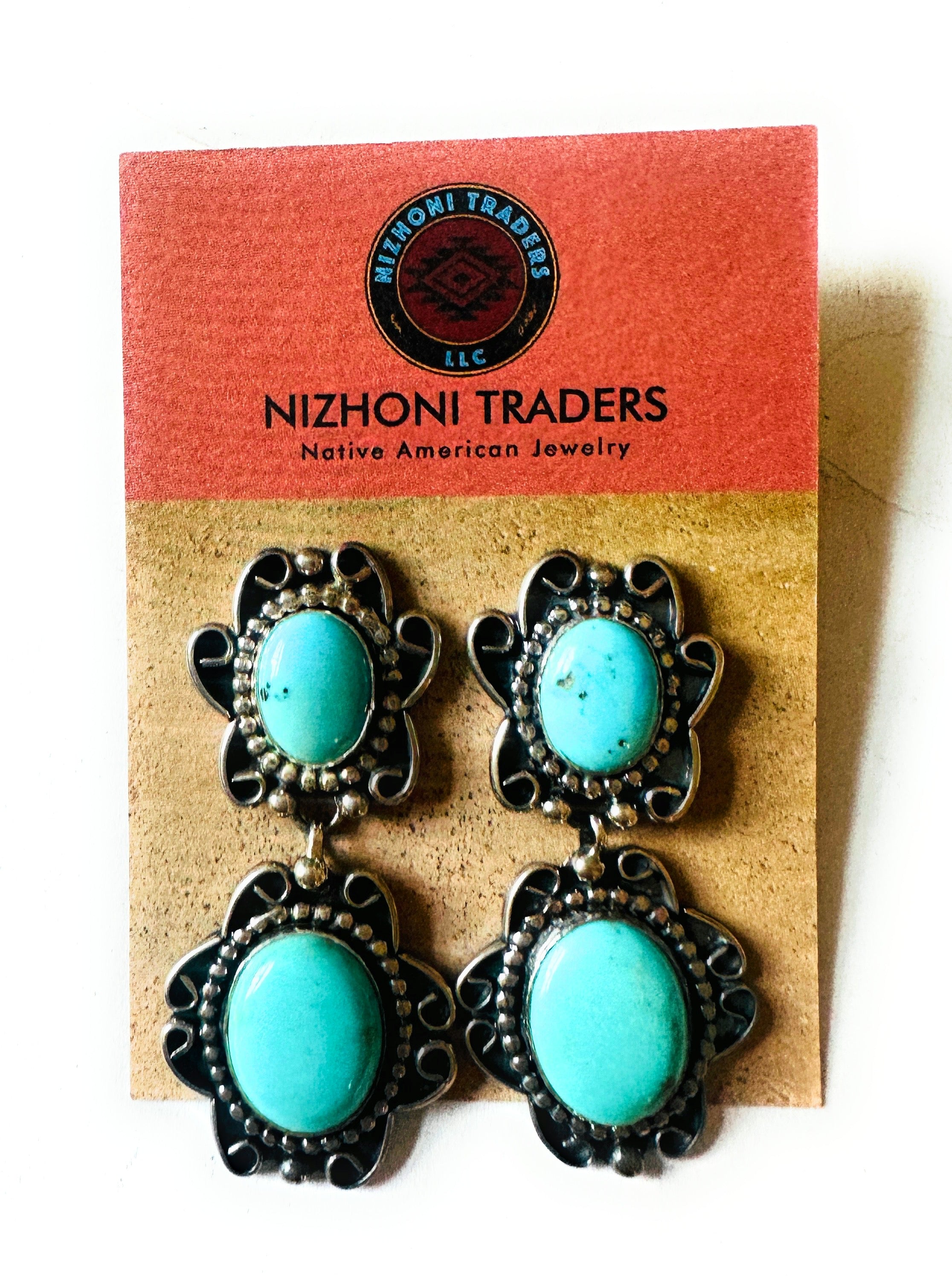 Navajo Kingman Turquoise And Sterling Silver Dangle Earrings