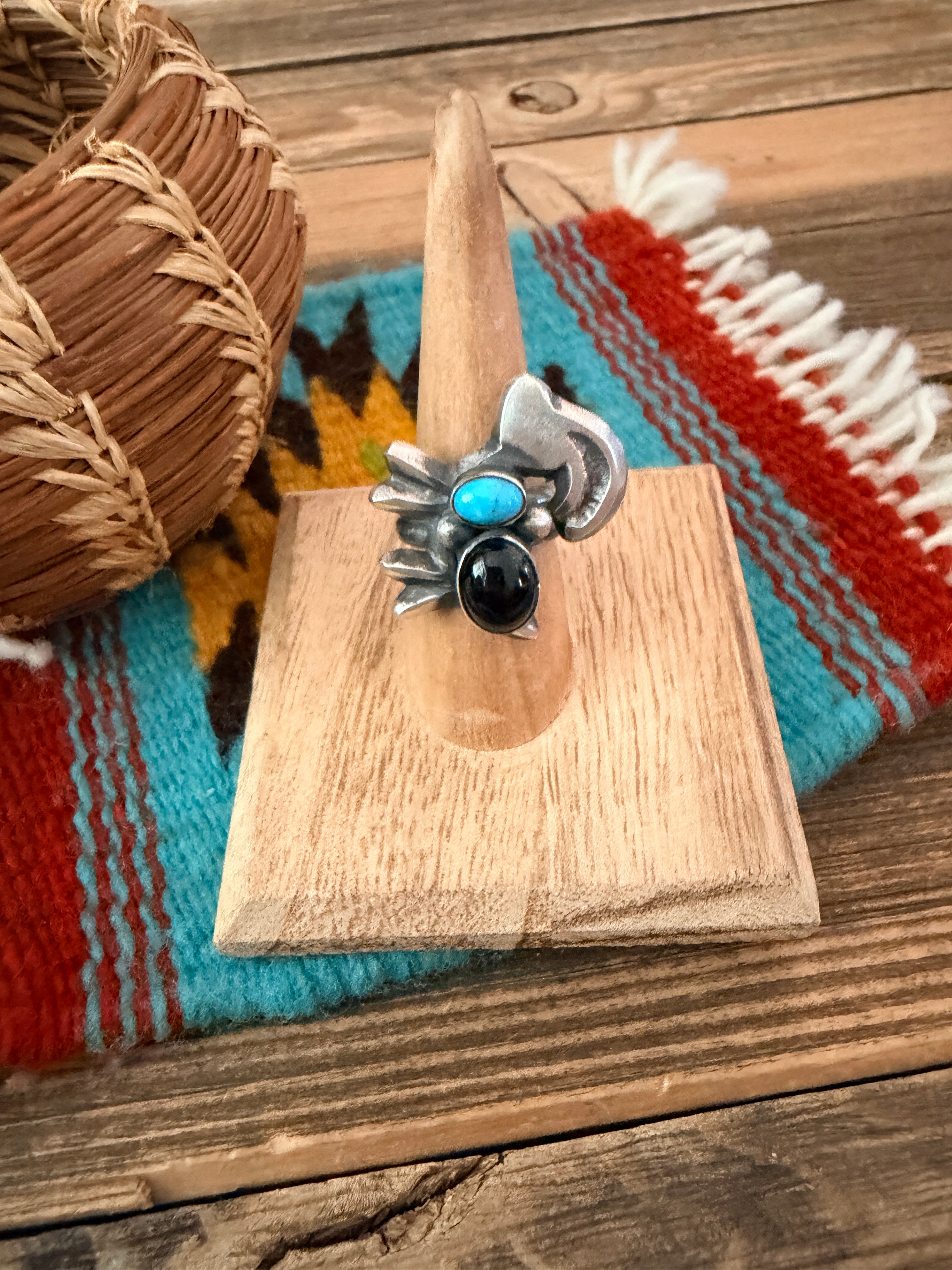 Handcrafted Onyx, Turquoise and Sterling Silver Goat Ring size 7 by Chimney Butte