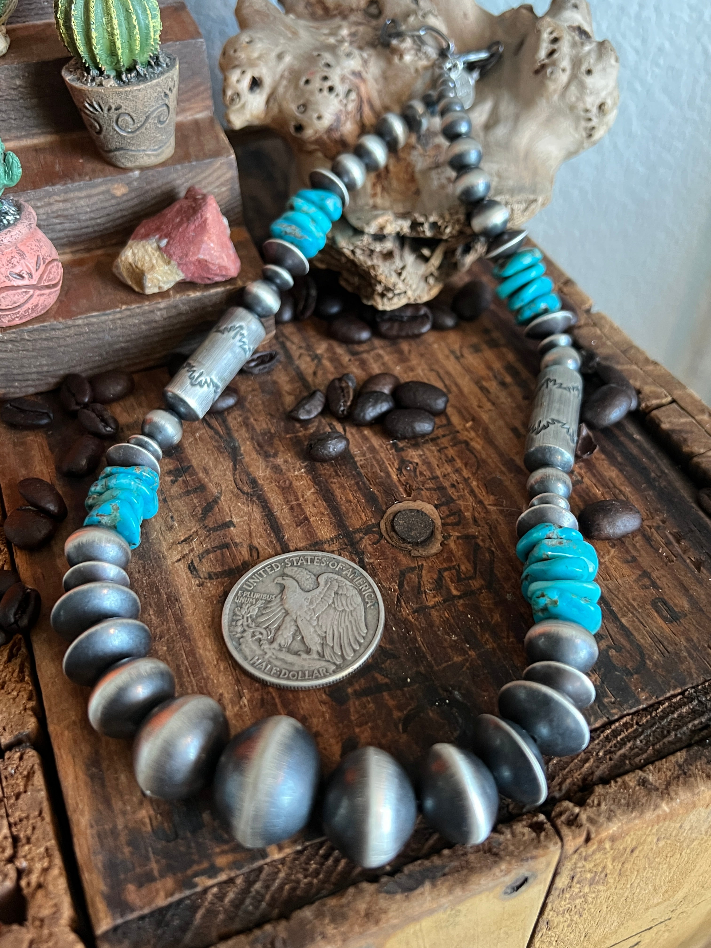 Handcrafted Sterling Silver and Kingman Turquoise Beaded Necklace by Rose Martin, 20 + 1-1/2 inches