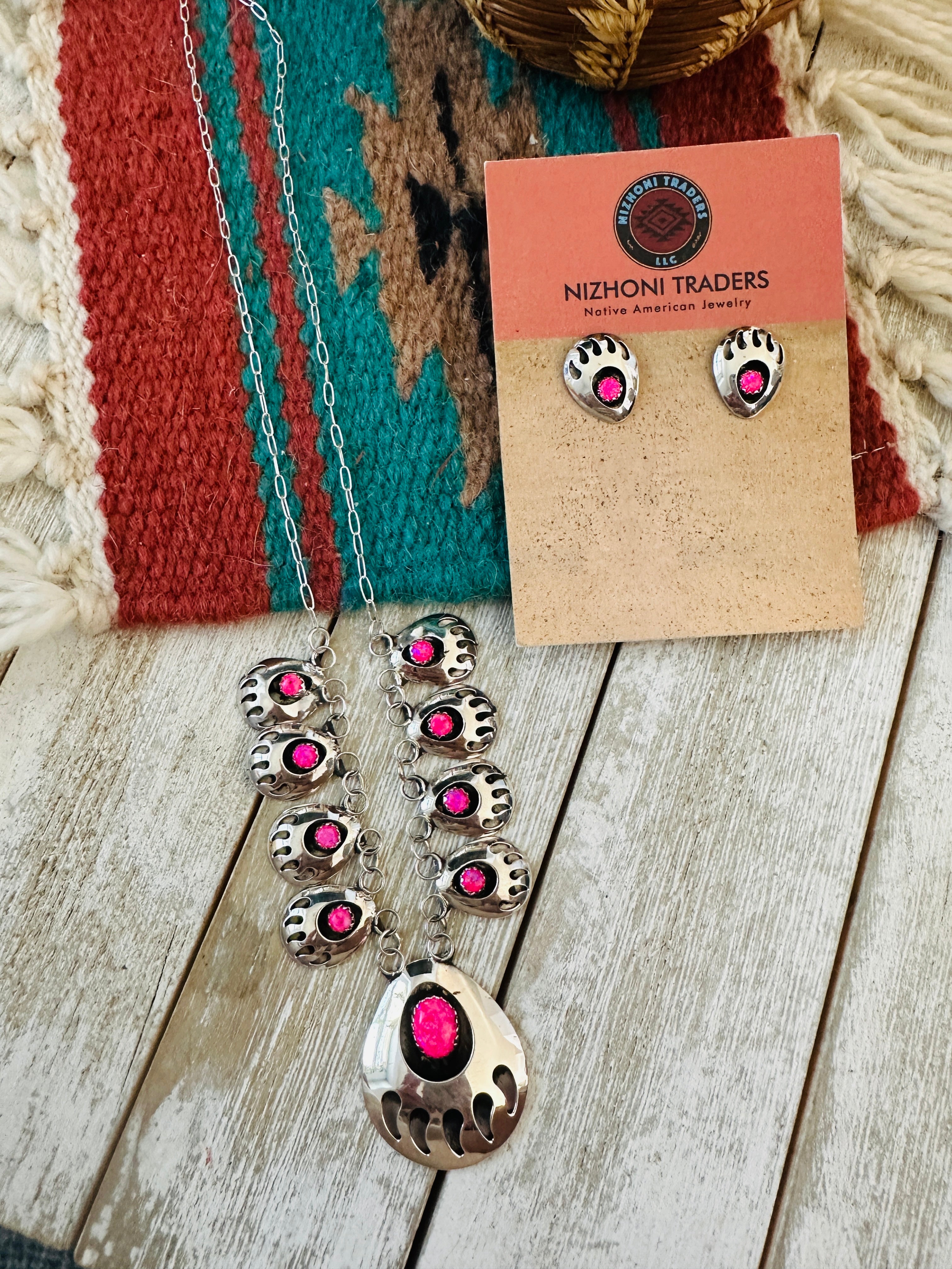 Handcrafted Sterling Silver & Pink Opal Bear Paw Necklace & Earring Set