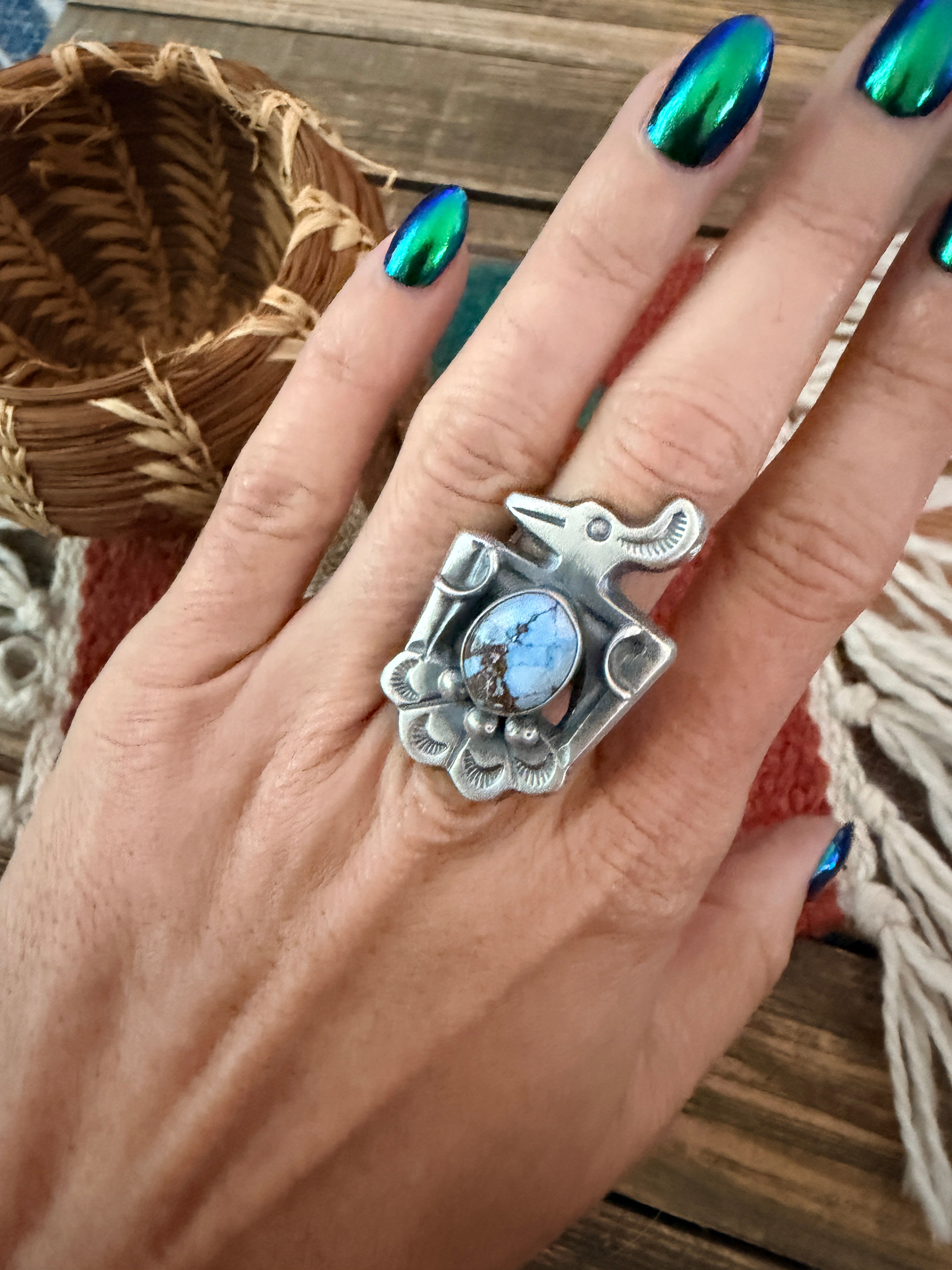 Handcrafted Golden Hills Turquoise and Sterling Silver Thunderbird Ring size 6 by Chimney Butte