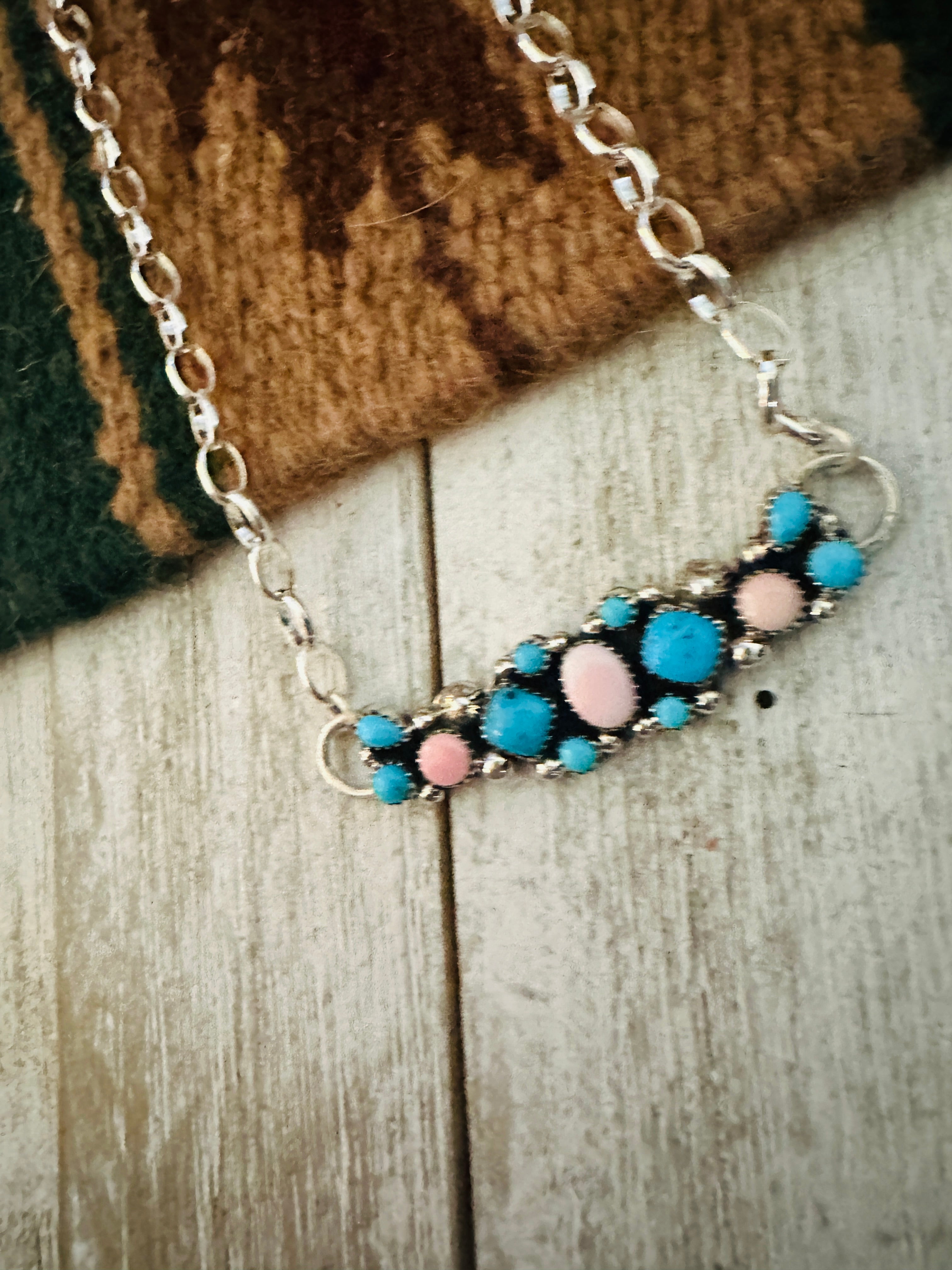 Navajo Sterling Silver, Turquoise & Queen Pink Necklace