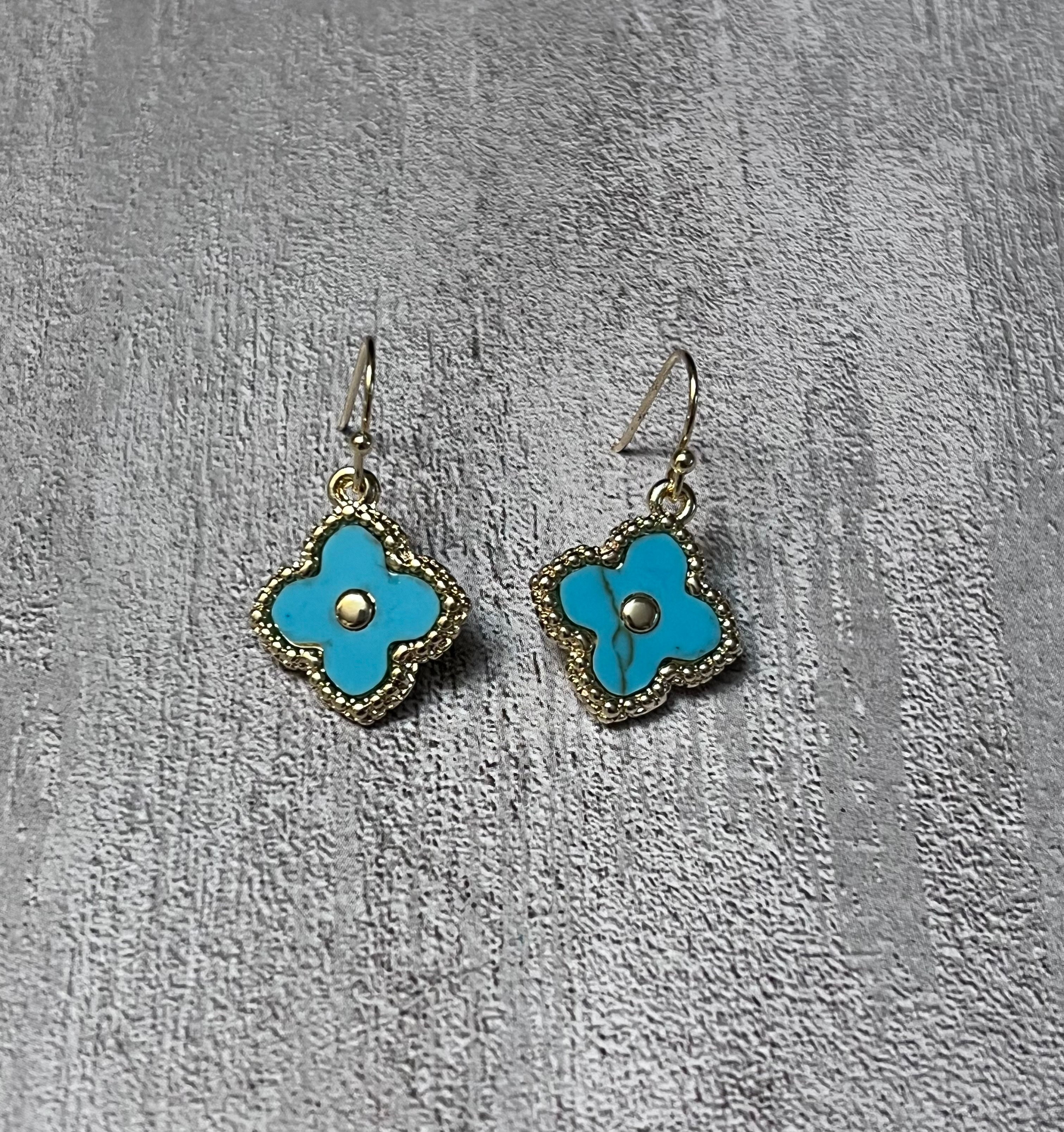 14k Gold Plated Turquoise Clover Dangle Wire Earrings