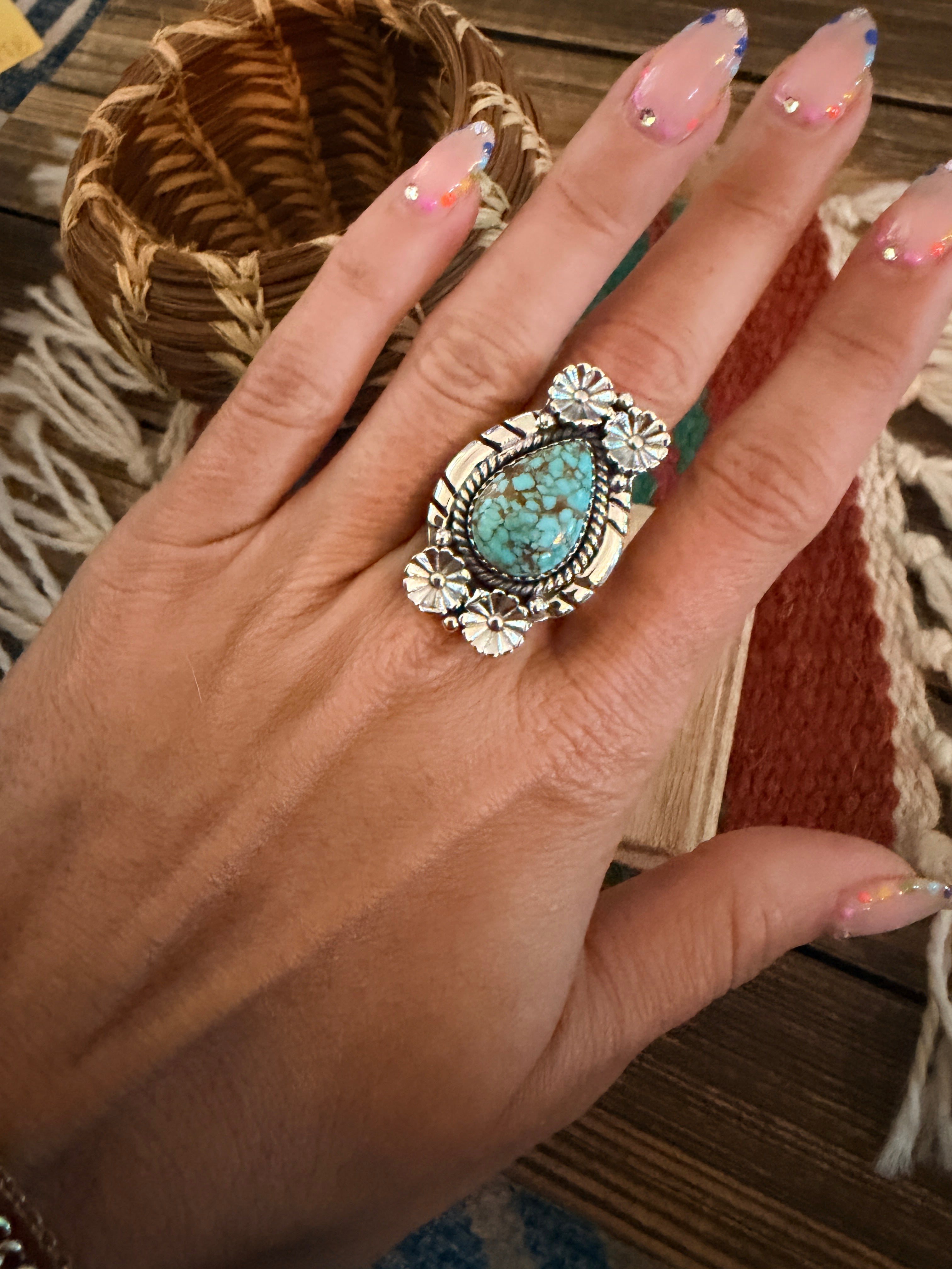 Handmade Sterling Silver Number 8 Turquoise Adjustable Ring Signed Nizhoni