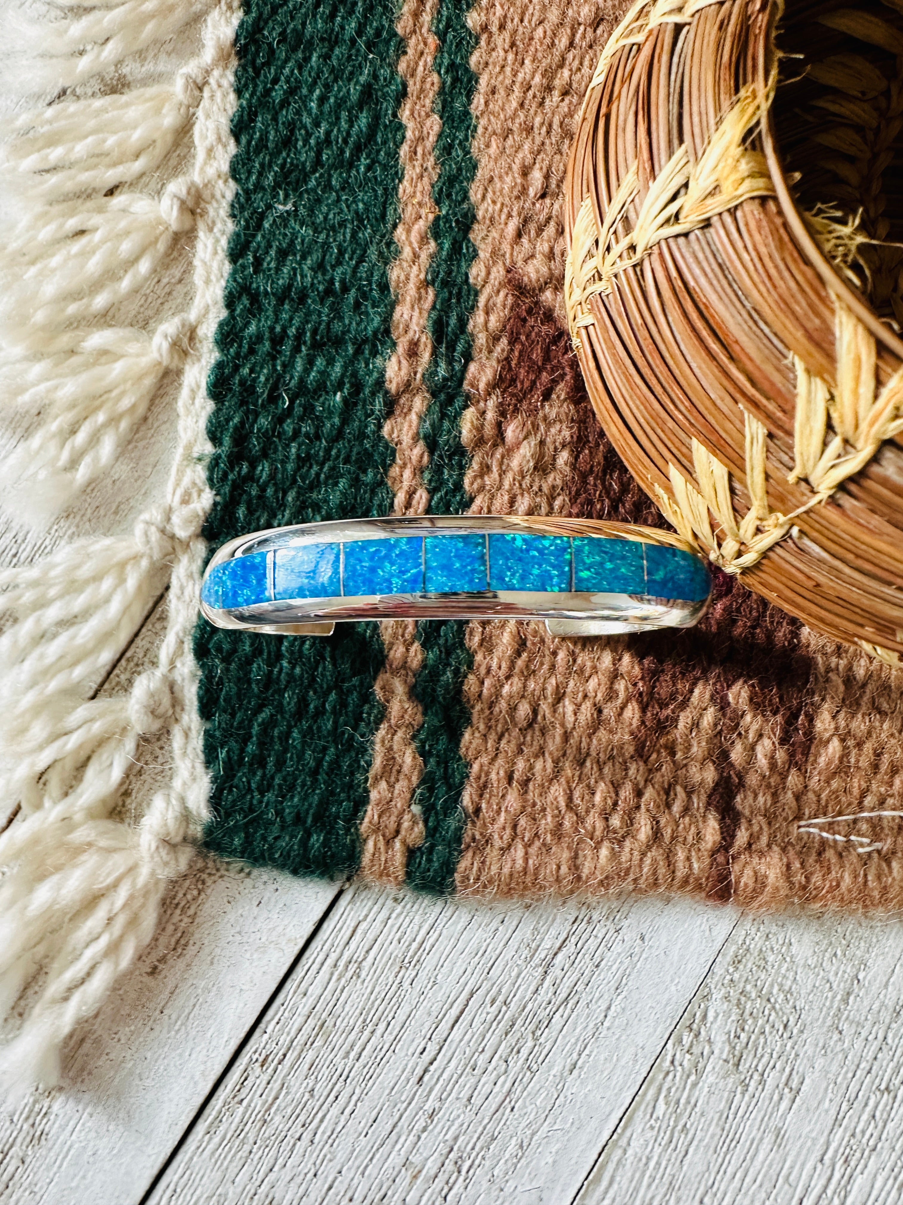 Navajo Sterling Silver & Blue Opal Inlay Cuff Bracelet