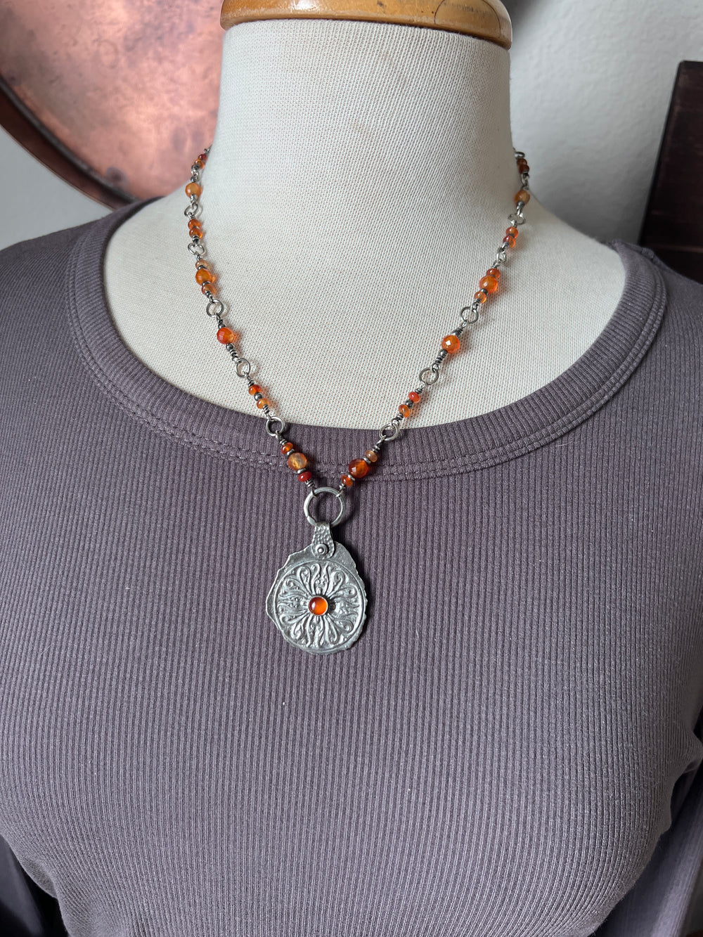 Tularosa Rosary Style Sterling Silver and Carnelian Relic Coin Necklace