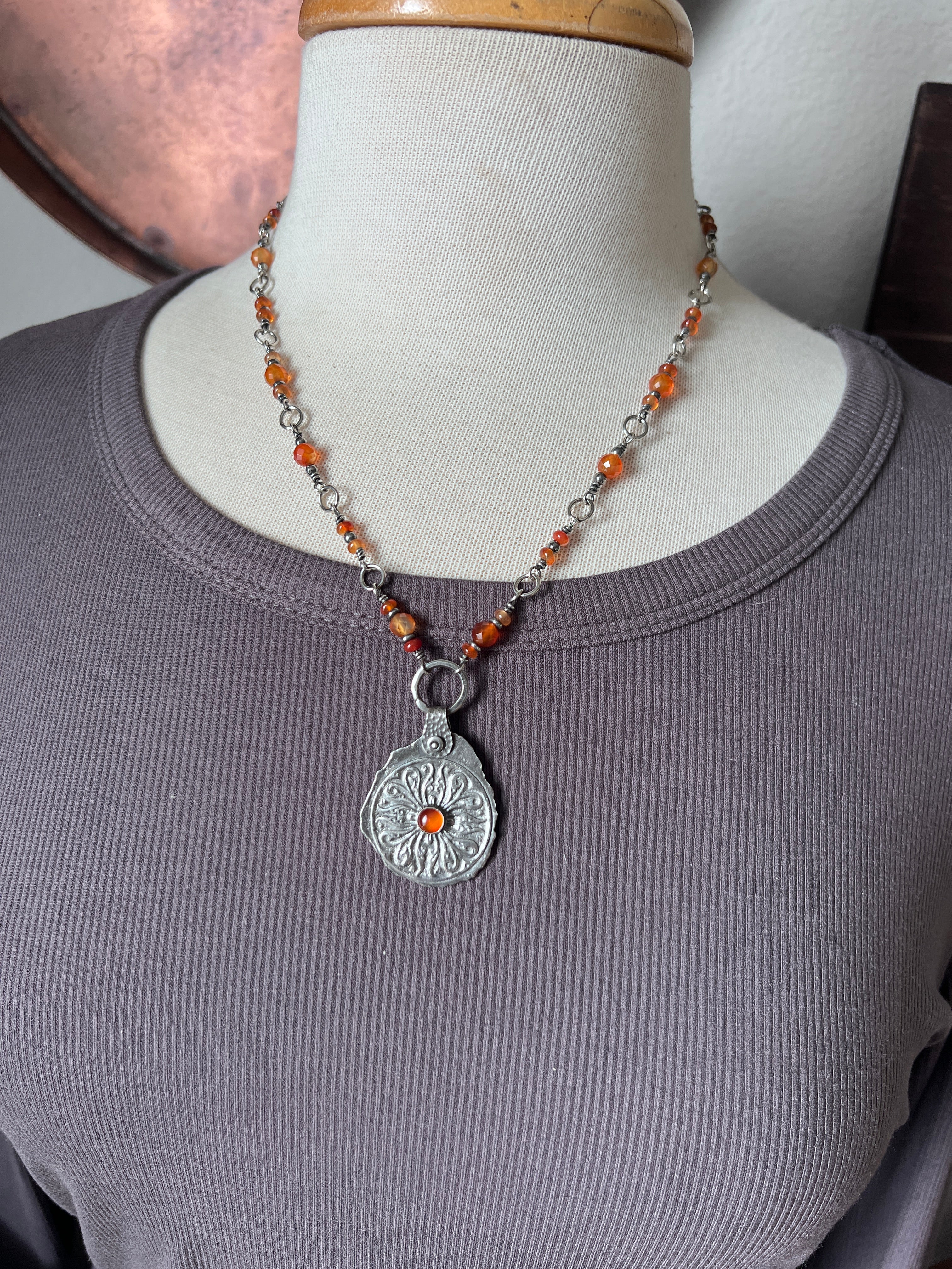 Tularosa Rosary Style Sterling Silver and Carnelian Relic Coin Necklace