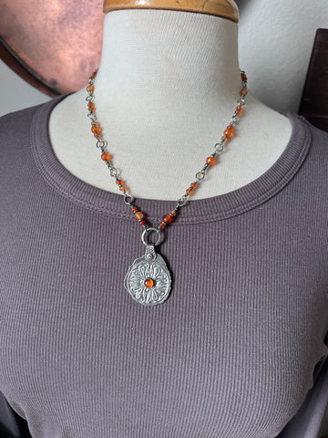 Tularosa Rosary Style Sterling Silver and Carnelian Relic Coin Necklace