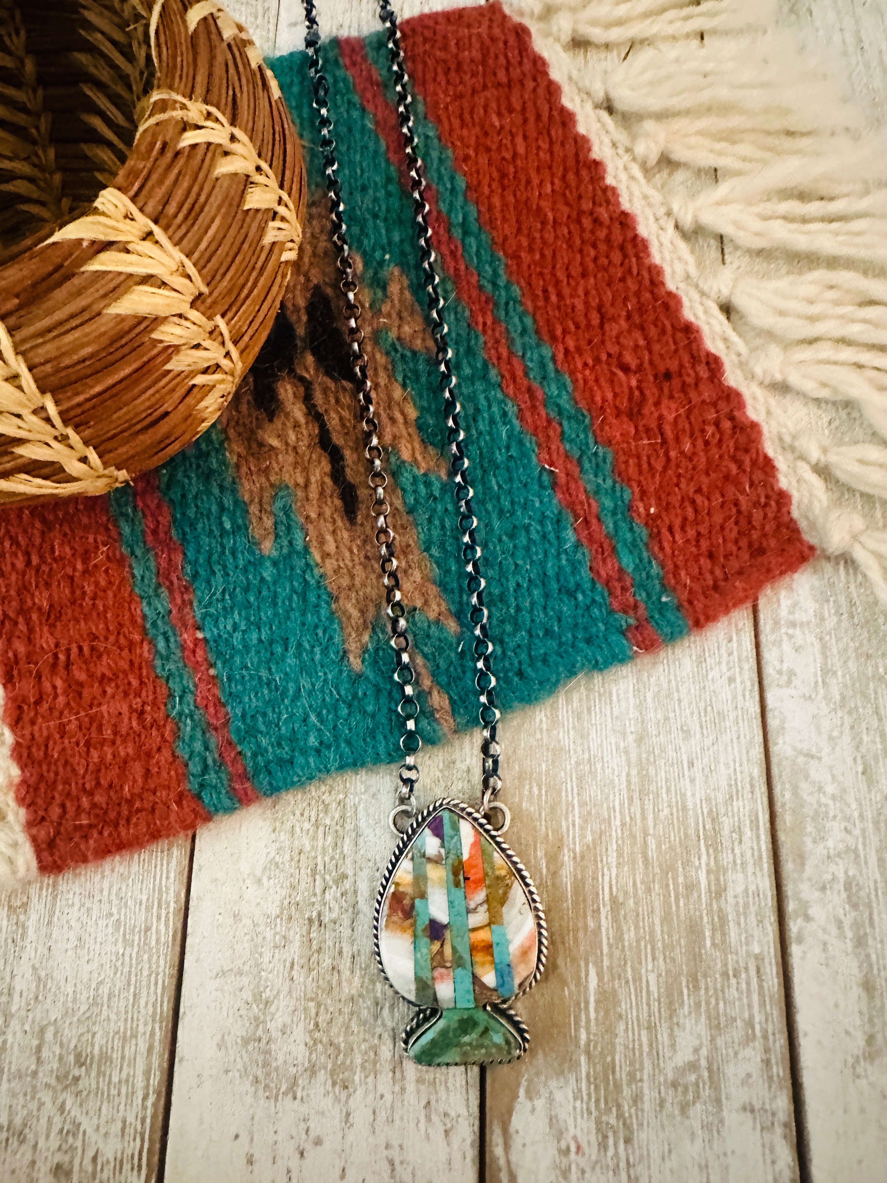 Navajo Sterling Silver & Multi Stone Inlay Spade Necklace