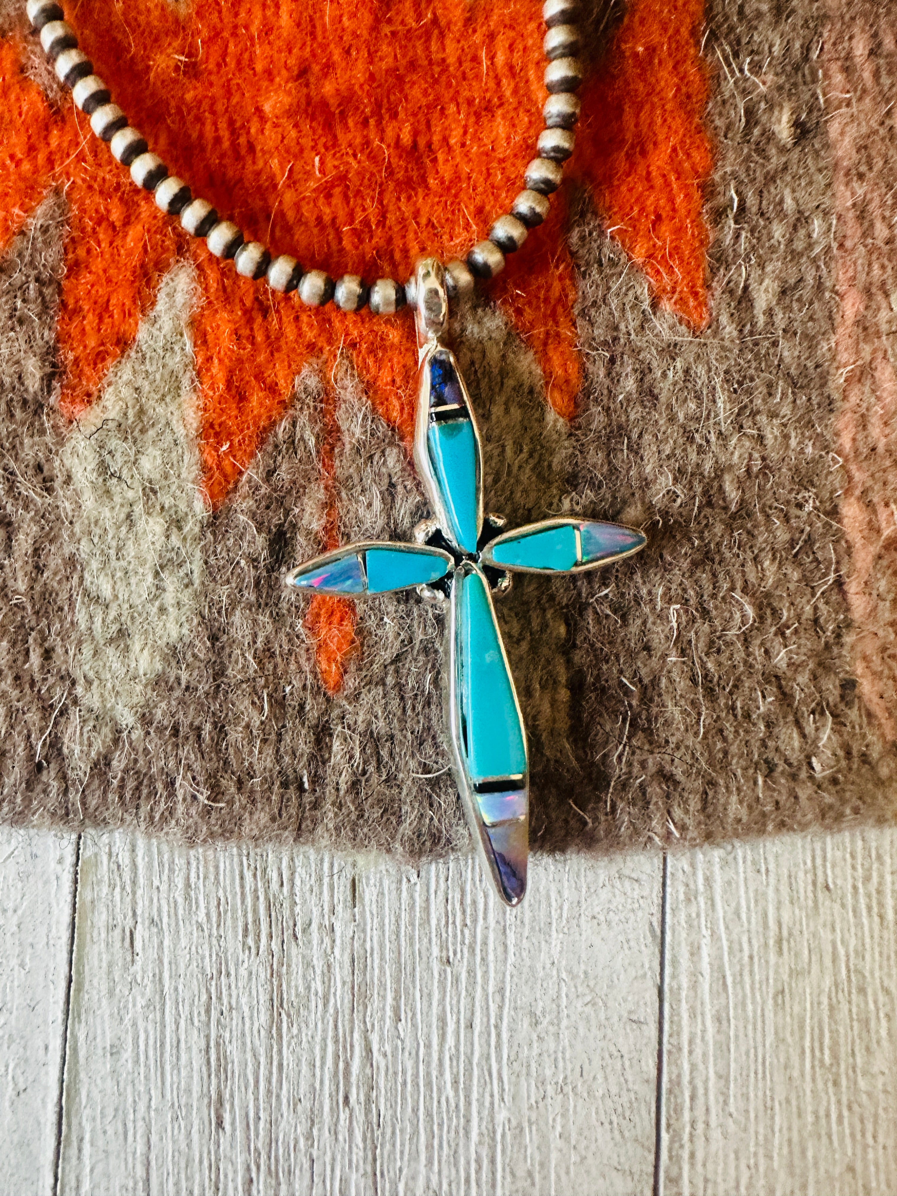 Navajo Multi Stone & Sterling Silver Inlay Cross Pendant