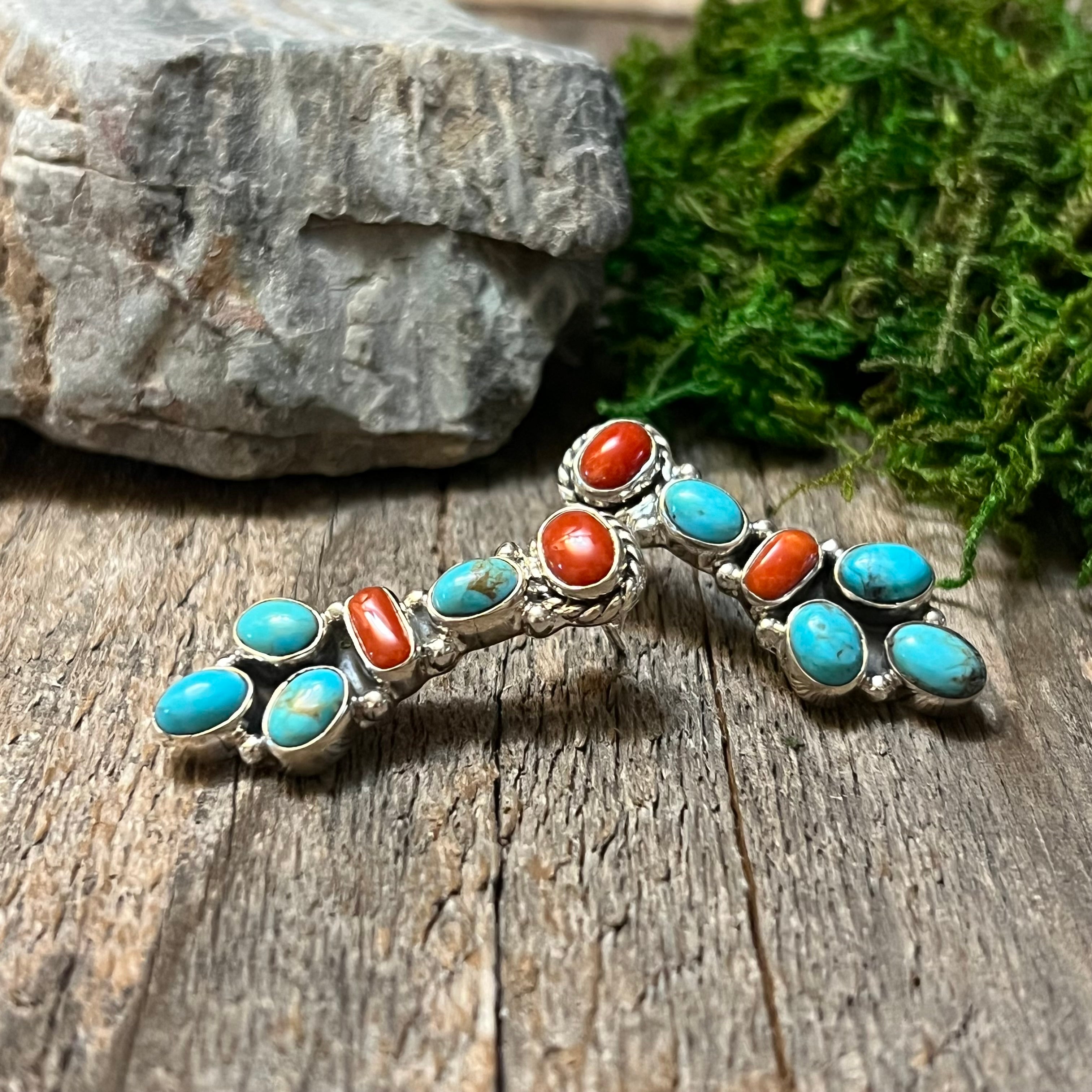 Handmade Sterling Silver Turquoise & Red Coral Cluster Stud Earrings