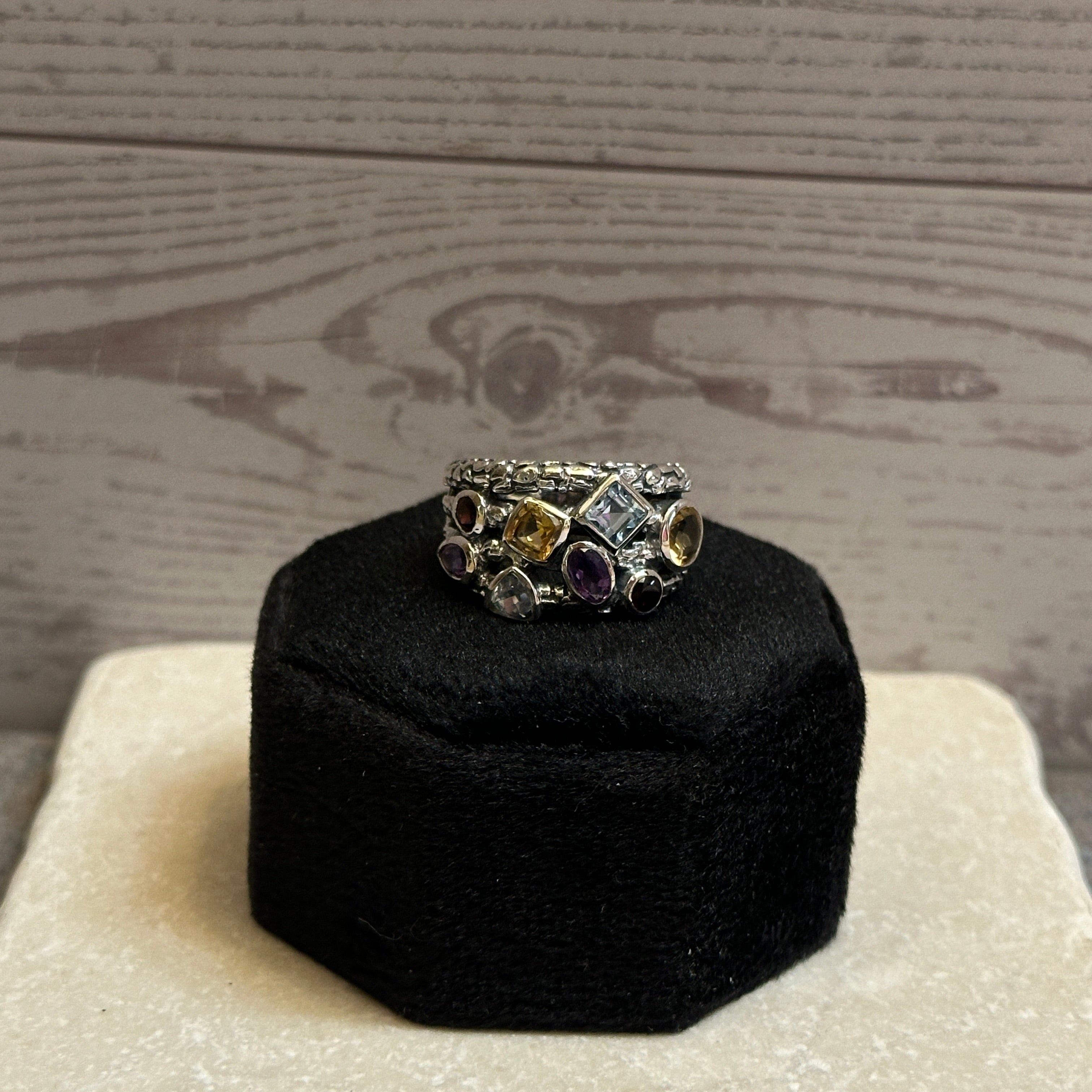 Sterling Silver Amethyst, Blue Topaz, Citrine, & Garnet Ring Size 6.5