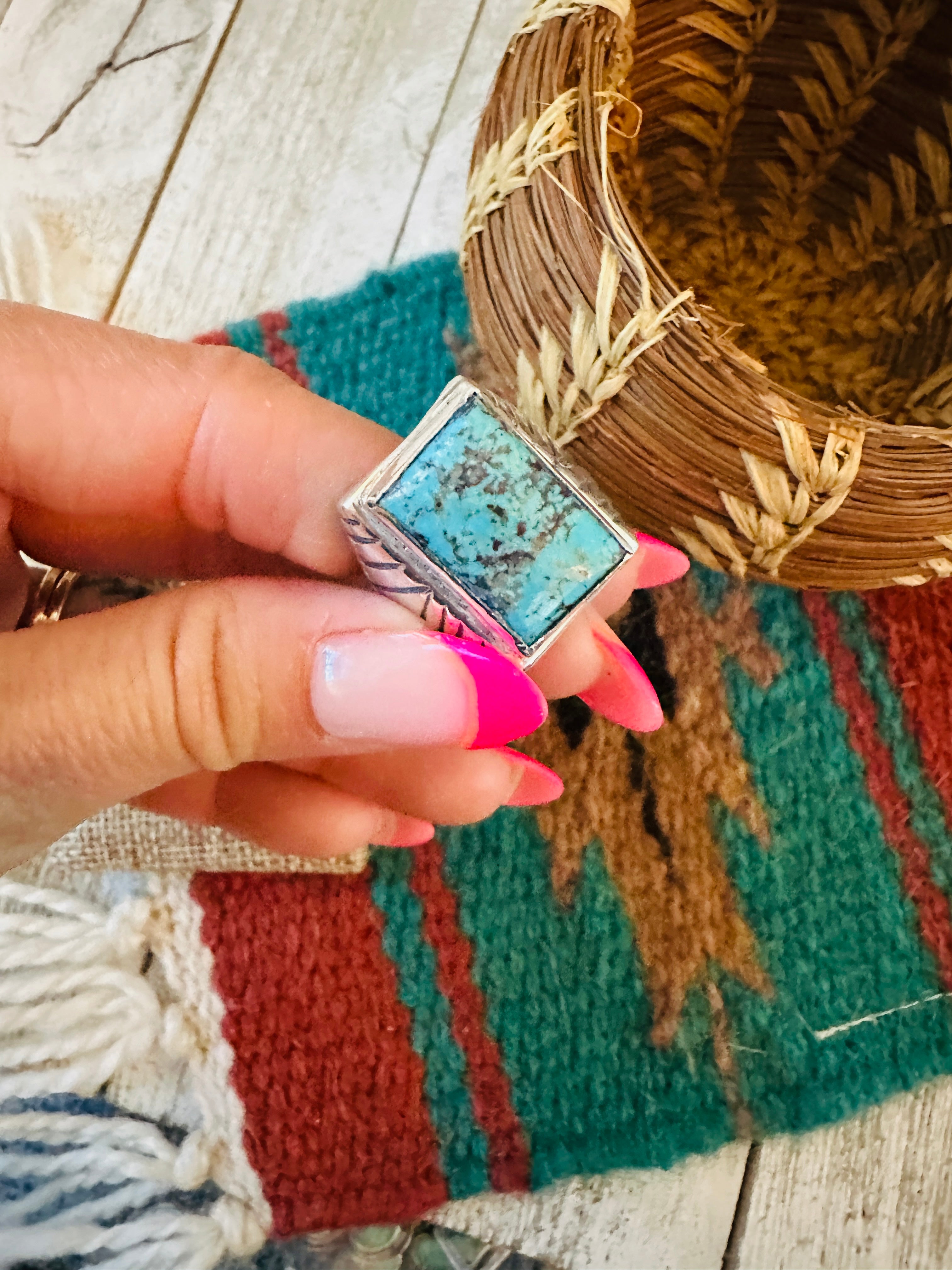 Handcrafted Turquoise & Sterling Silver Cigar Band Ring Size 10
