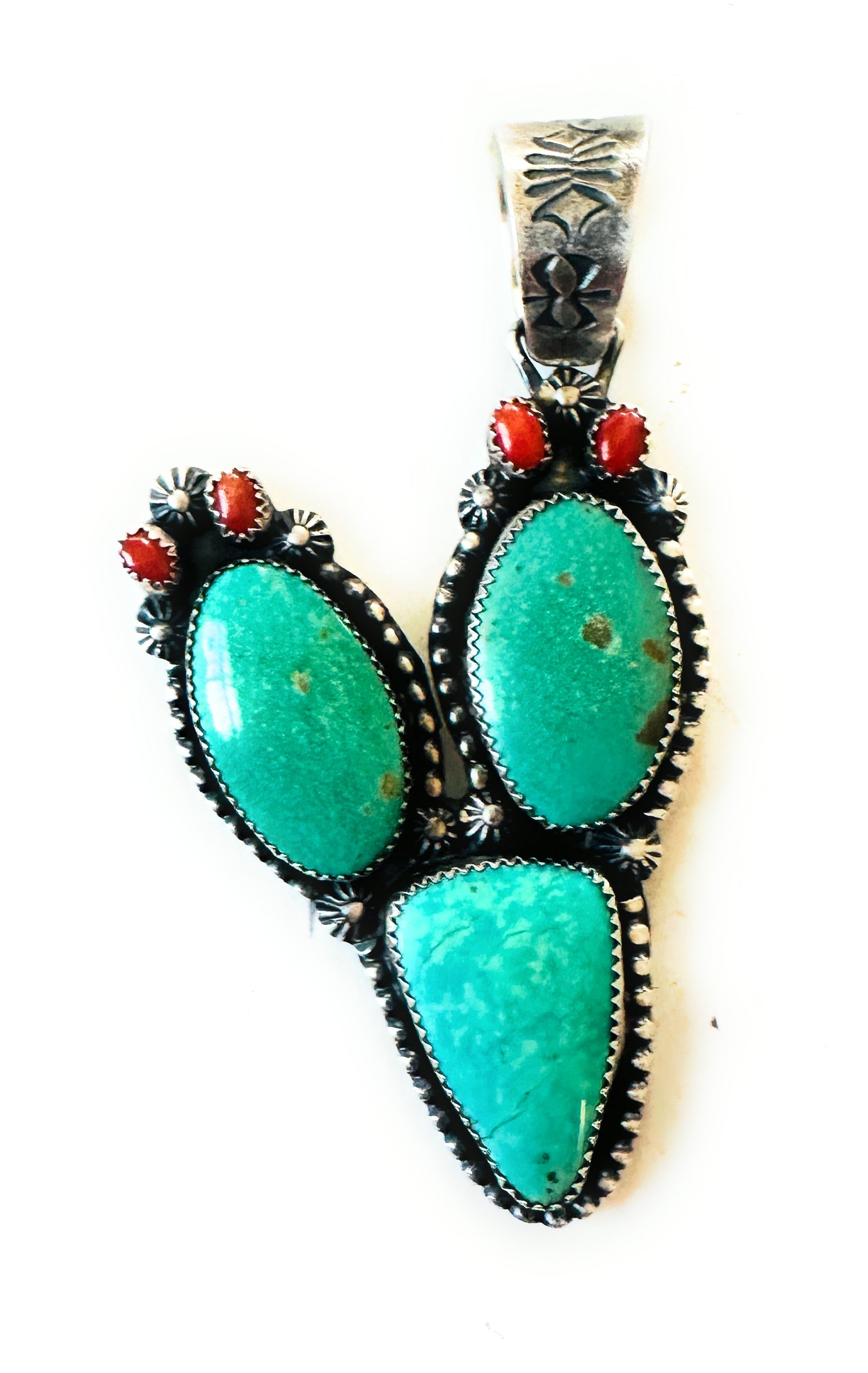 Navajo Turquoise, Coral and Sterling Silver Cactus Pendant