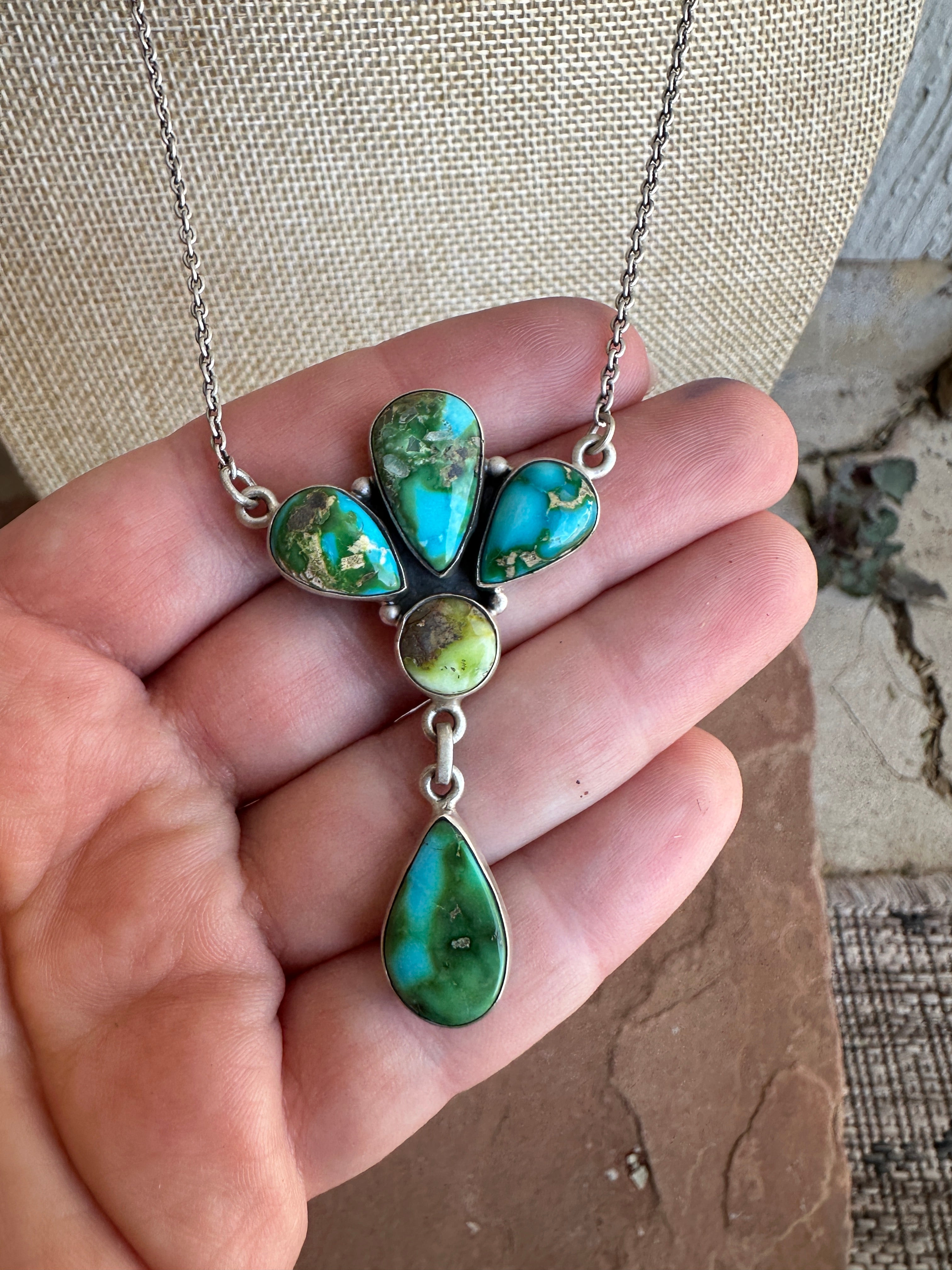 Beautiful Handmade Sterling Silver & Sonoran Mountain Turquoise & Palomino Turquoise Drop Necklace