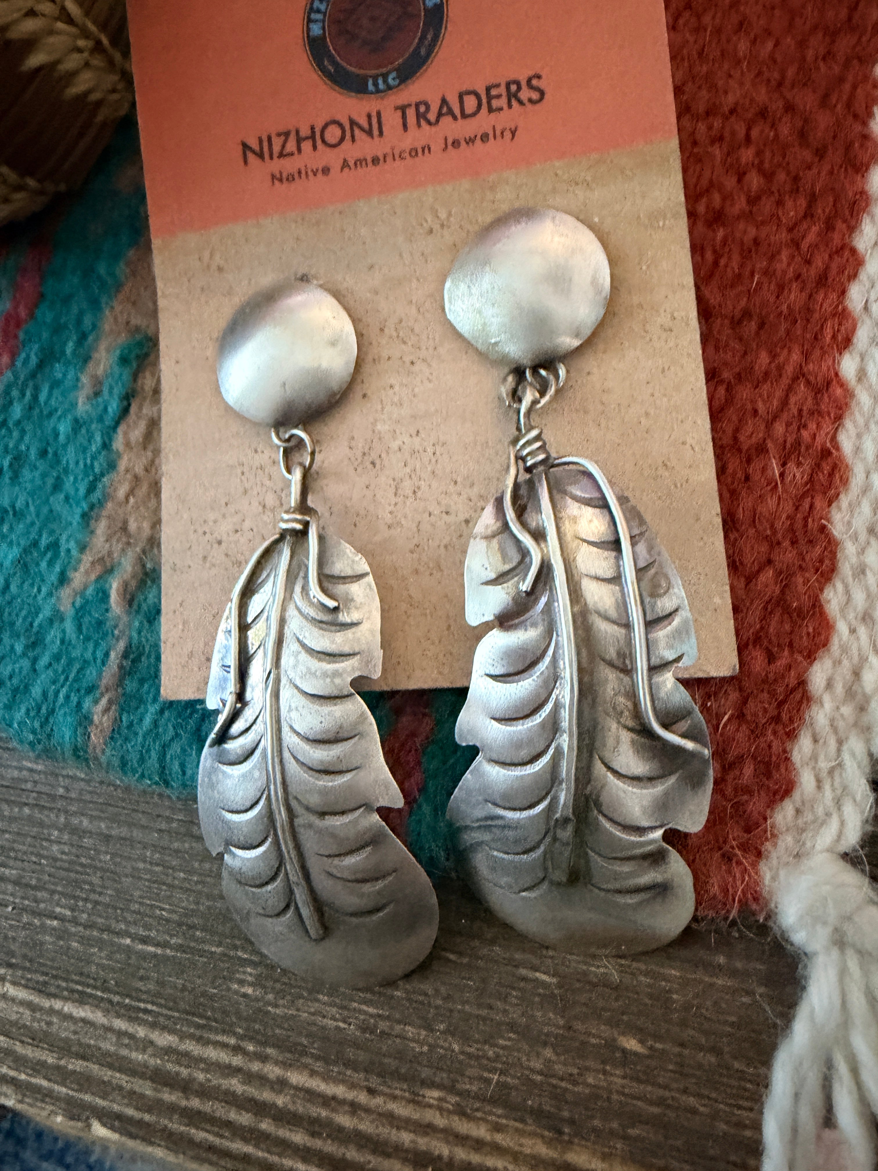 Handcrafted Sterling Silver Concho Feather Dangle Earrings
