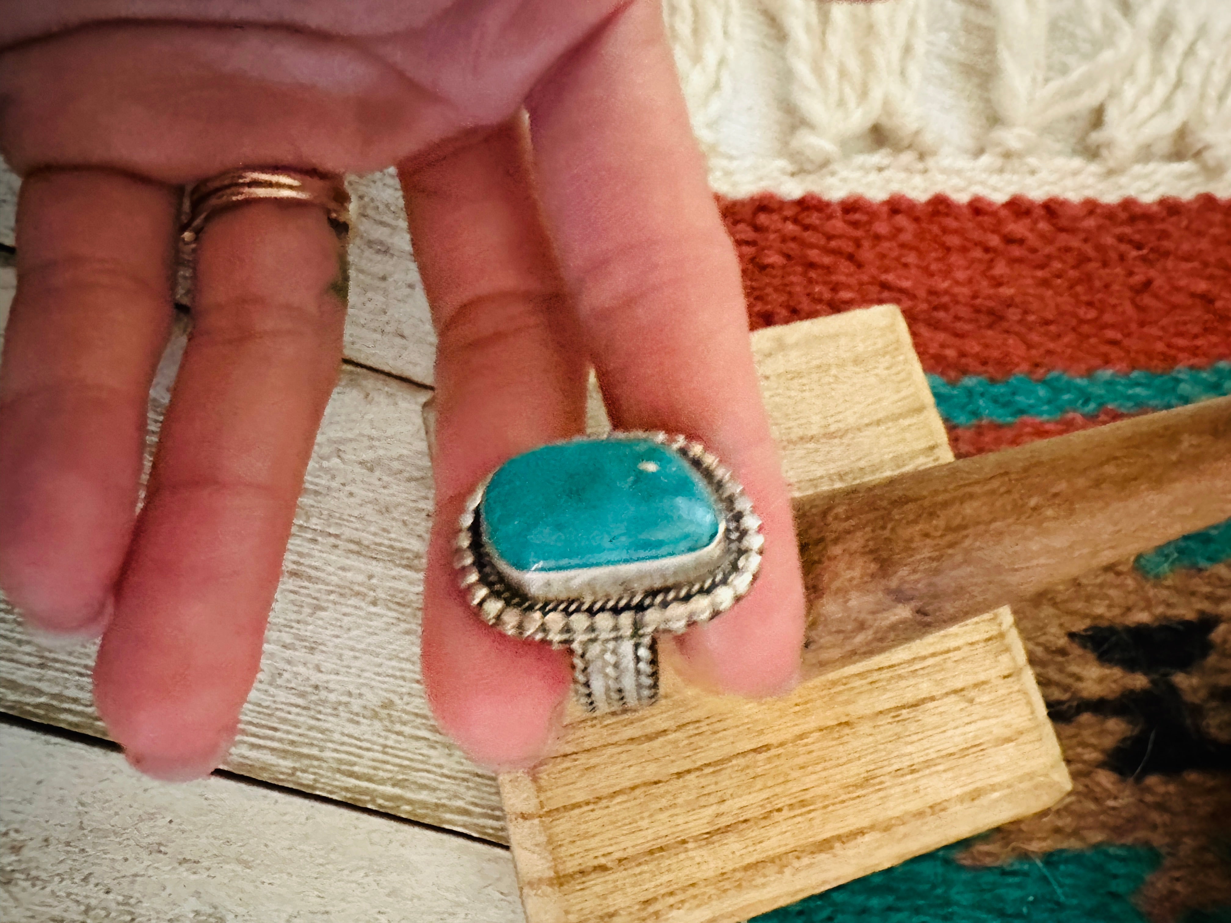 Navajo Sterling Silver & Kingman Turquoise Ring Size 7.5