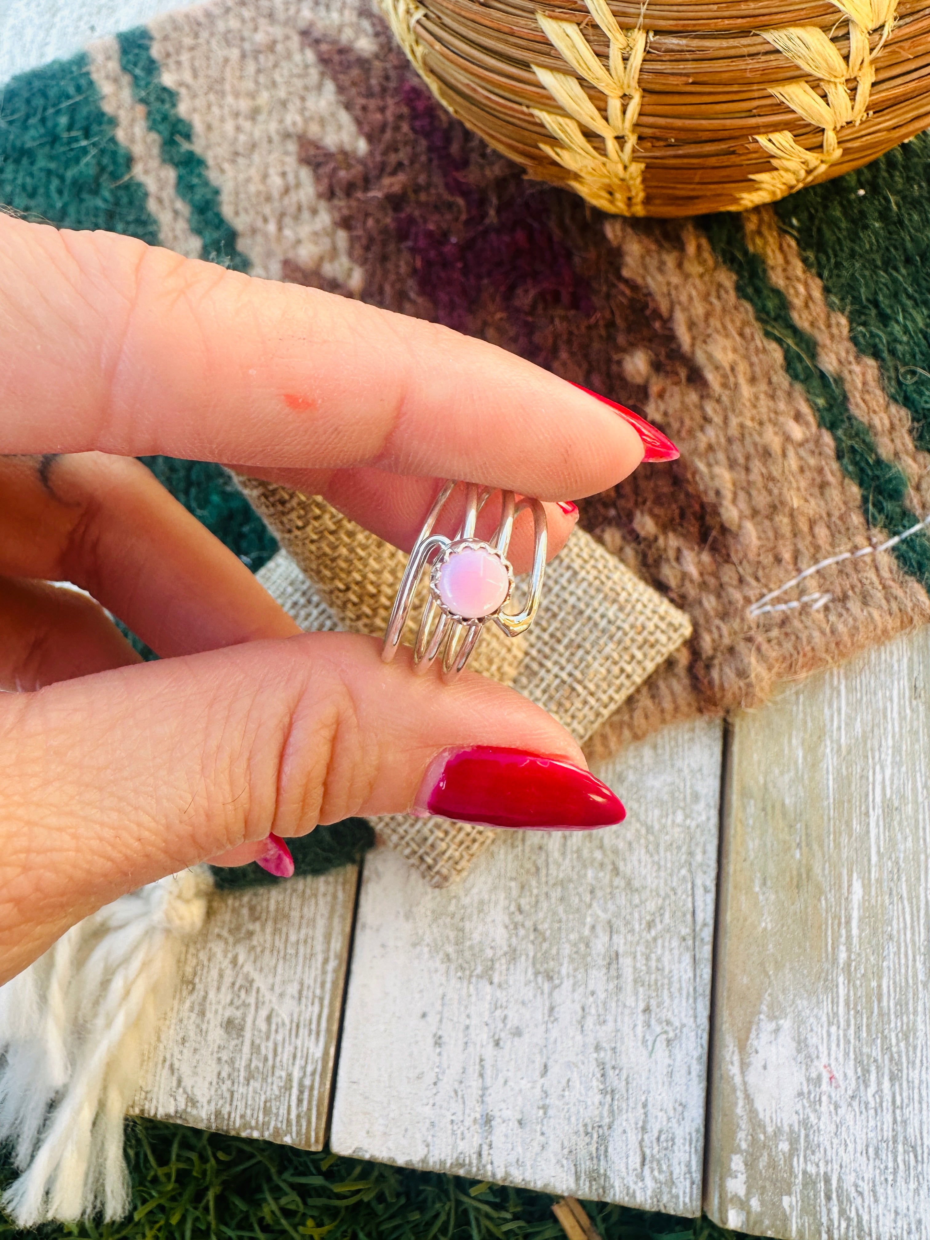 Handcrafted Queen Pink Conch & Sterling Silver Twisted Band Ring