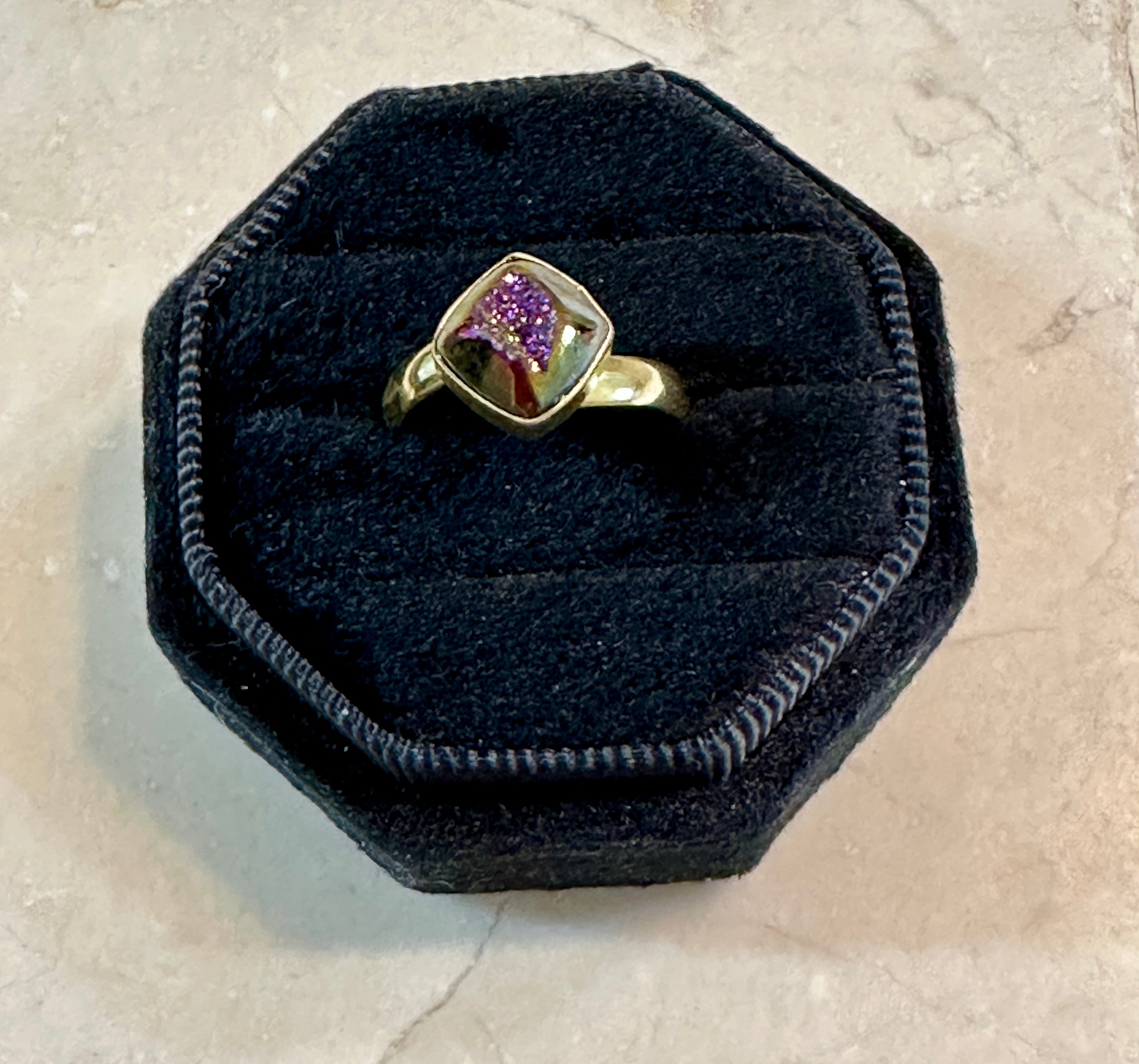 “The Boho Collection” Handmade Purple Druzy Adjustable Ring with Signed Nizhoni