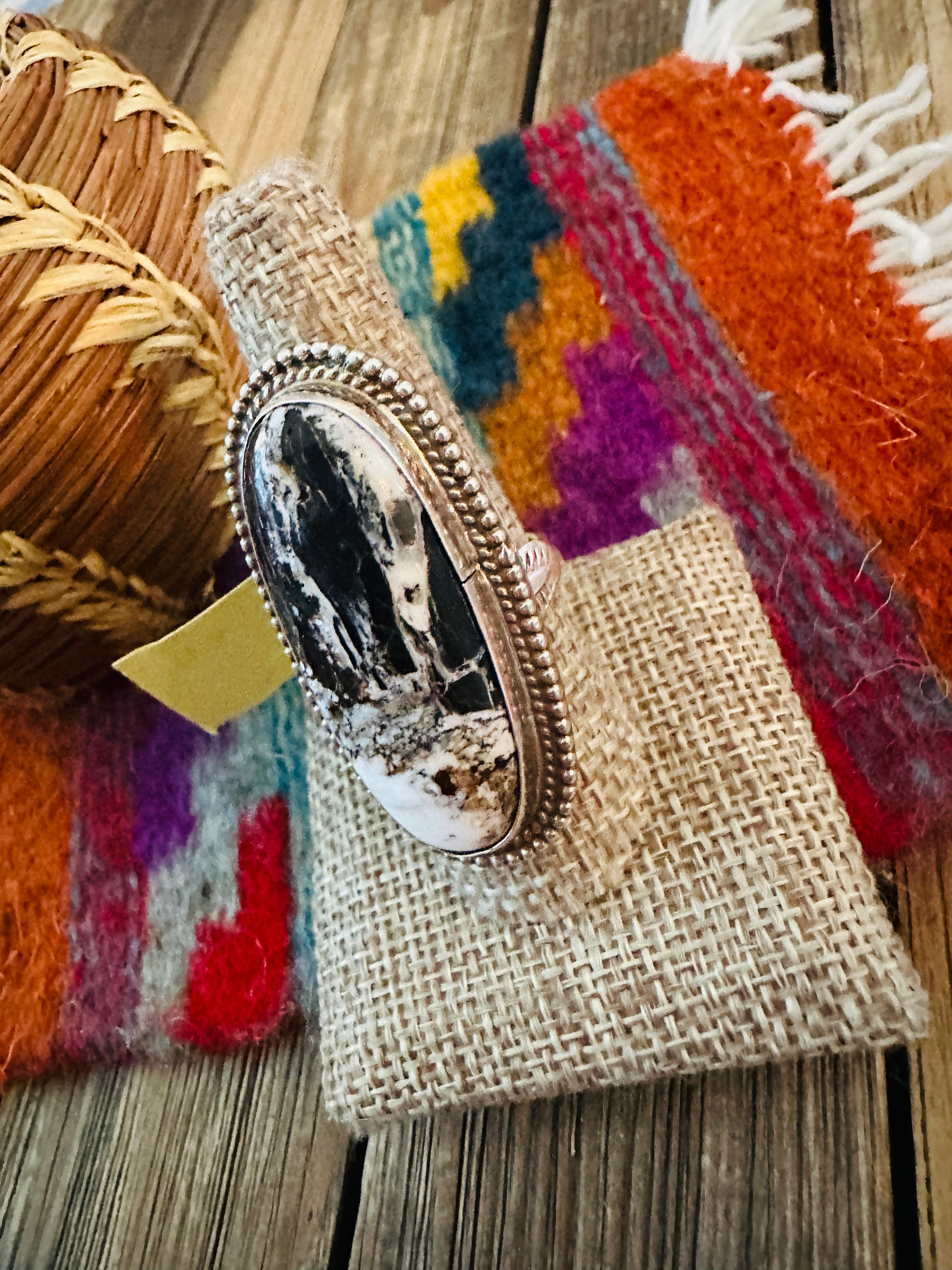 Old Pawn Handcrafted White Buffalo & Sterling Silver Ring Size 10