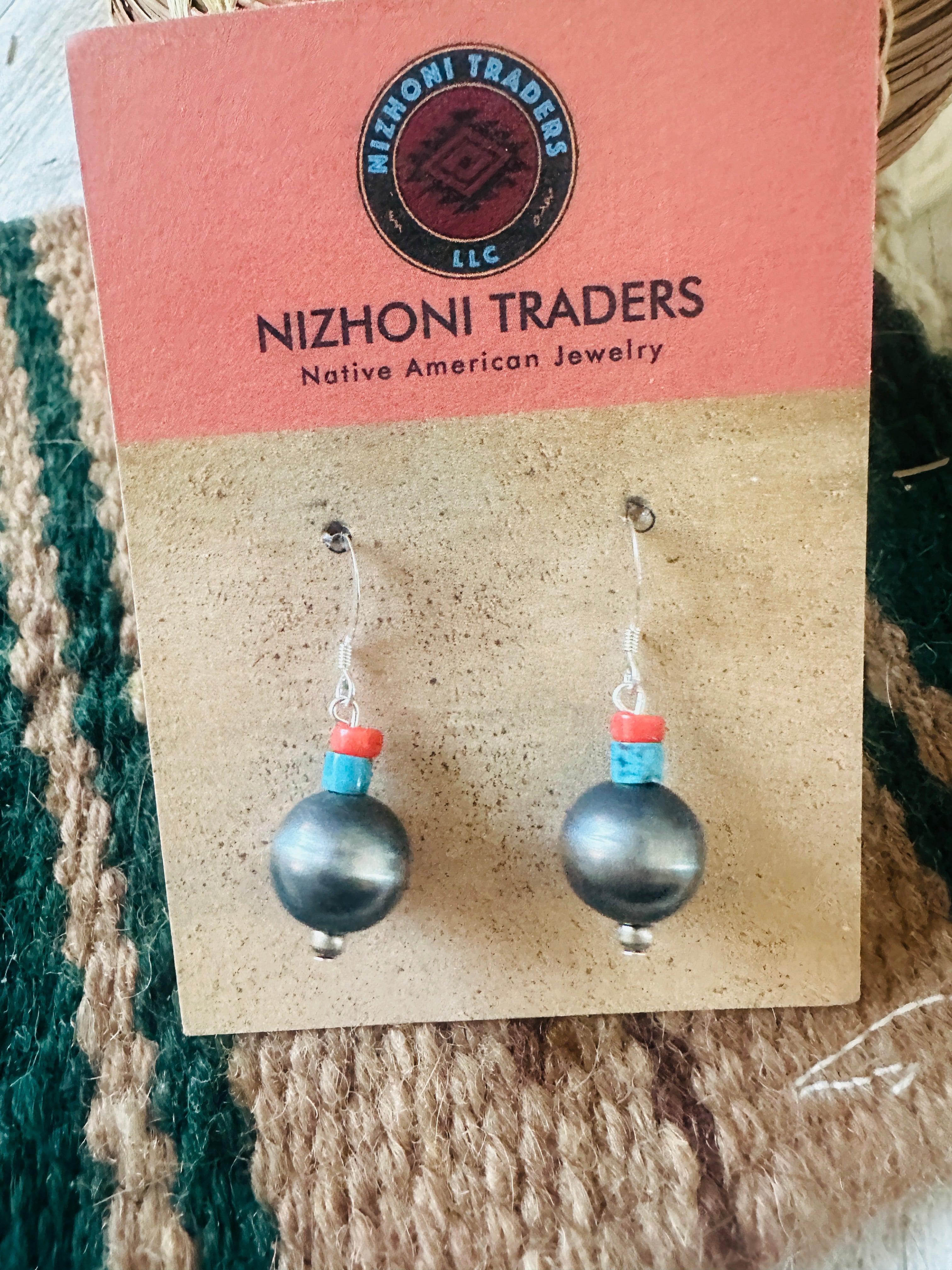 Navajo Turquoise, Coral & Sterling Silver Pearl Dangle Earrings