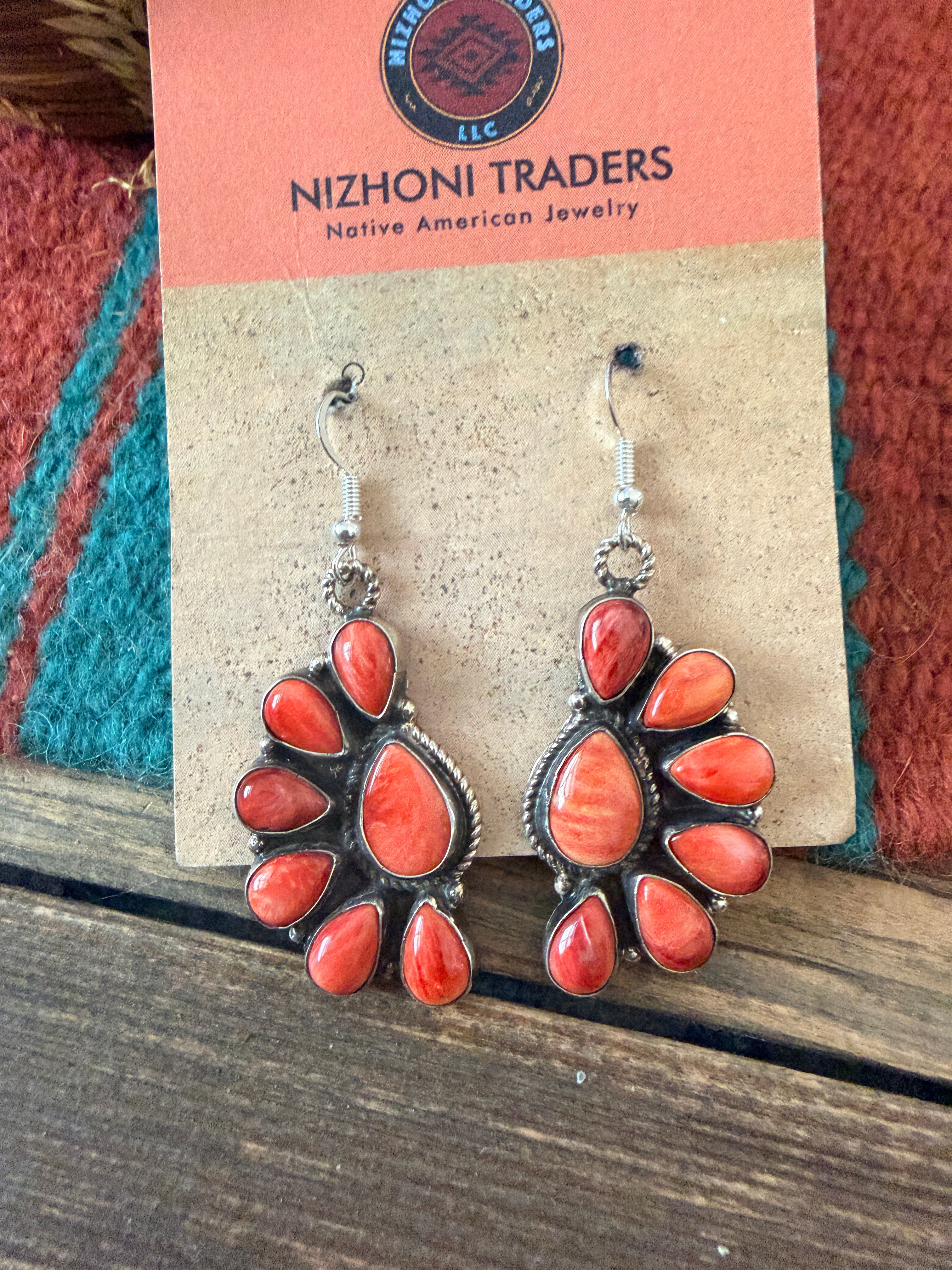 Handcrafted Orange Spiny & Sterling Silver Cluster Dangle Earrings